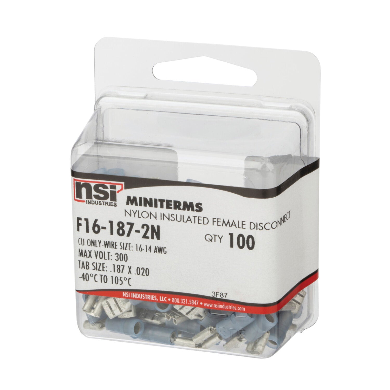 NSI F16-187-2N 16-14 Awg Nylon Insulated Female Disconnect .187X.020 Tab 100/Pack Sale