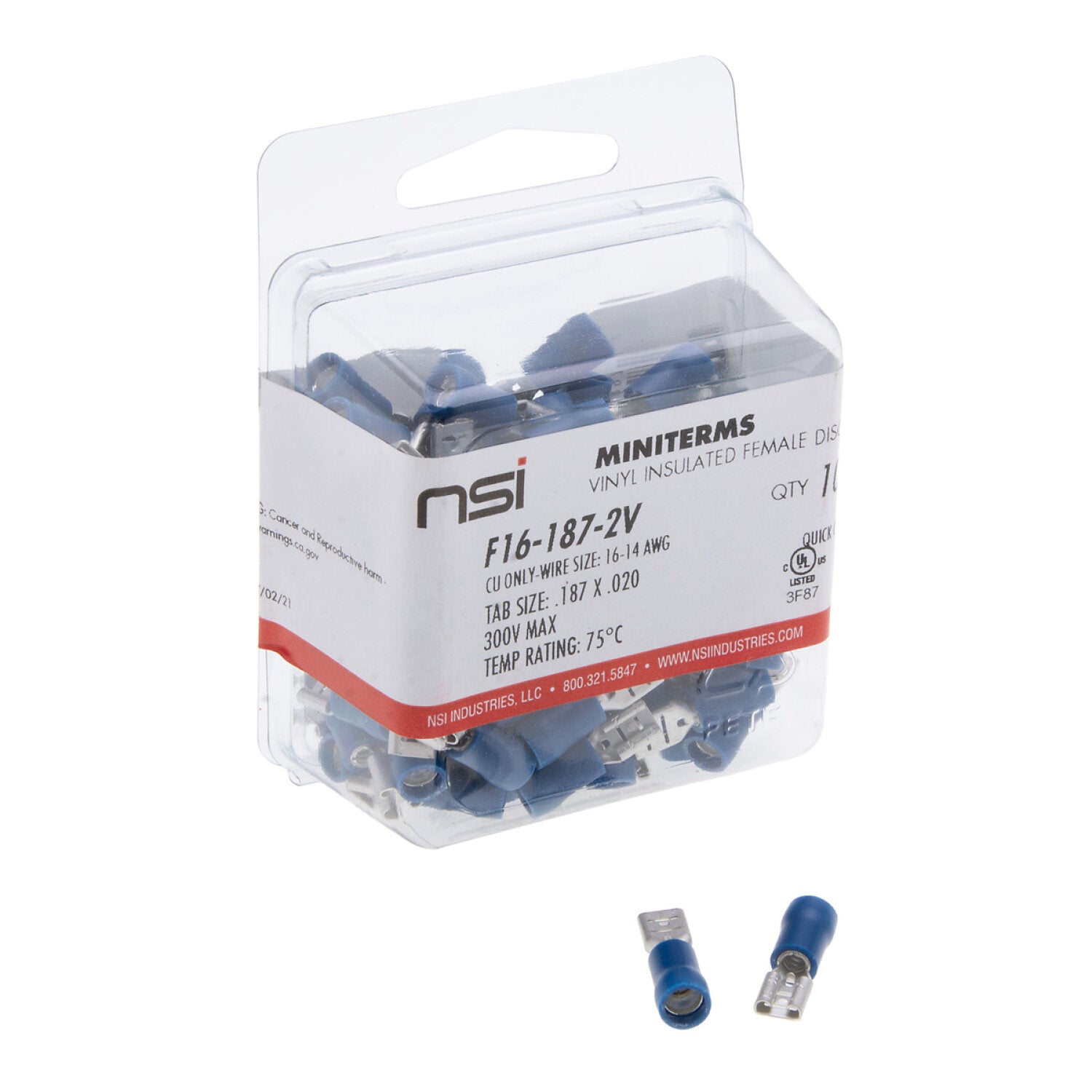 NSI F16-187-2V 16-14 Awg Vinyl Insulated Female Disconnect .187X.020 Tab 100 Per Pack Fashion