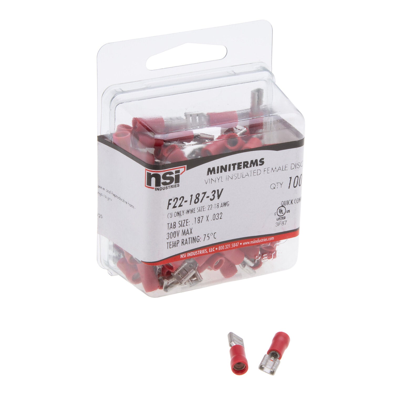 NSI F22-187-3V 22-18 Awg Vinyl Insulated Female Disconnect .187X.032 Tab 100 Per Pack Sale