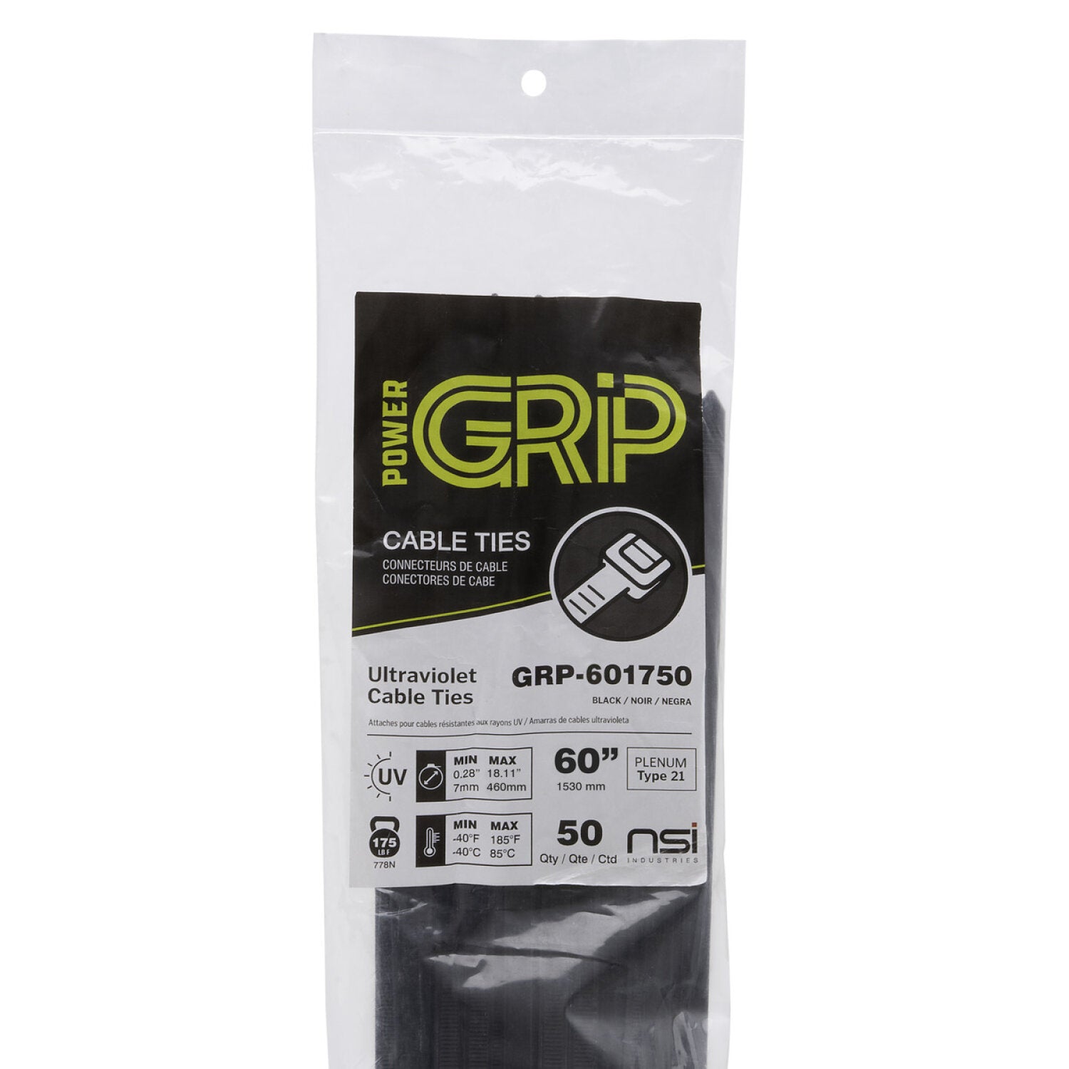 NSI GRP-601750 60”, Black Super Heavy-Duty Extra-Long 175lb Cable Ties, 50 Pack Supply