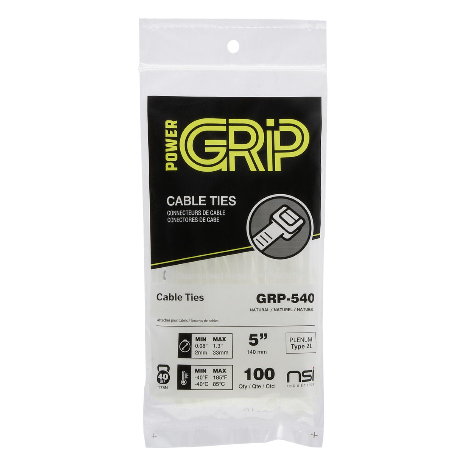 NSI GRP-540 5”, Natural General Purpose 40lb Cable Ties, 100 Pack Supply