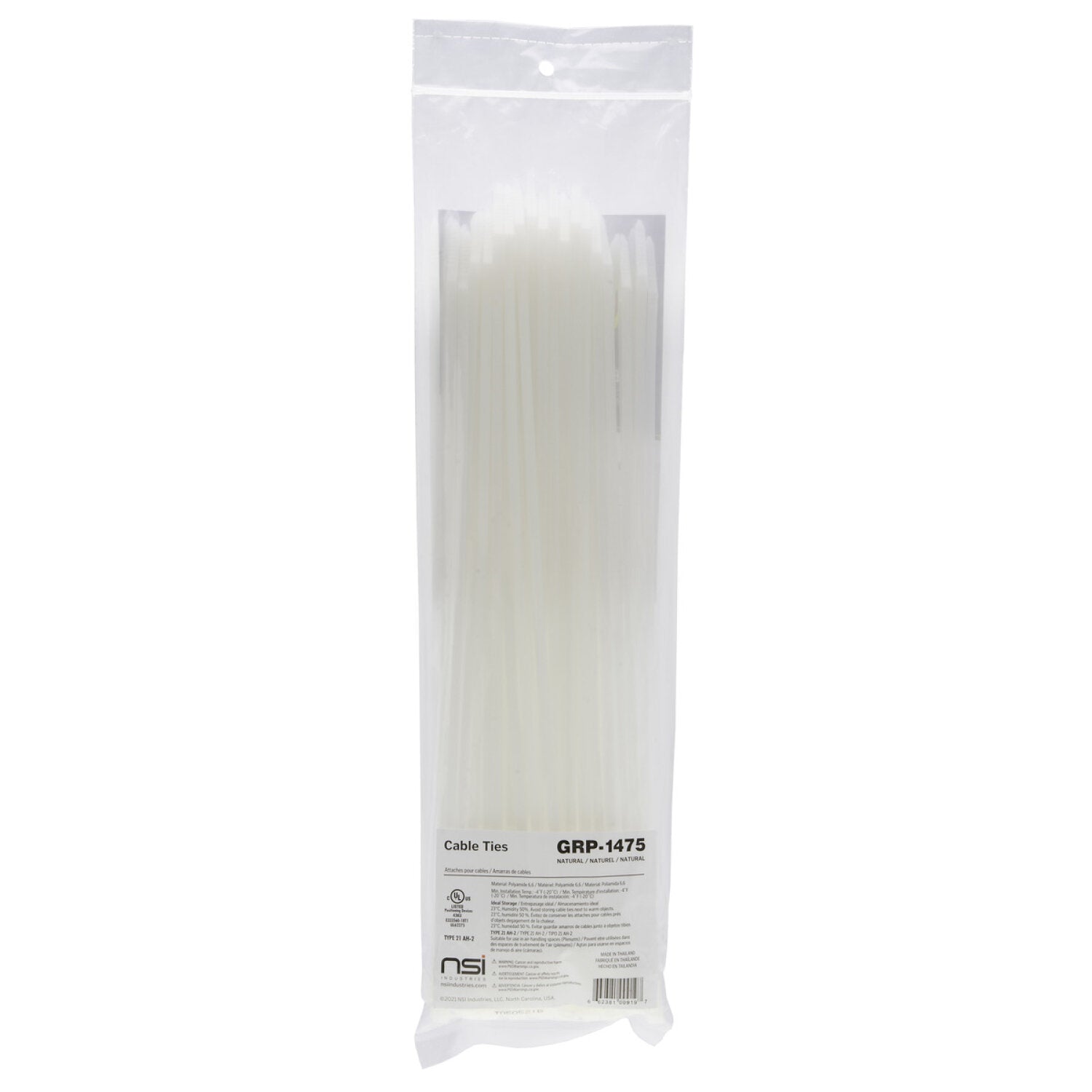 NSI GRP-1475 14”, Natural General Purpose 75lb Cable Ties, 100 Pack Supply