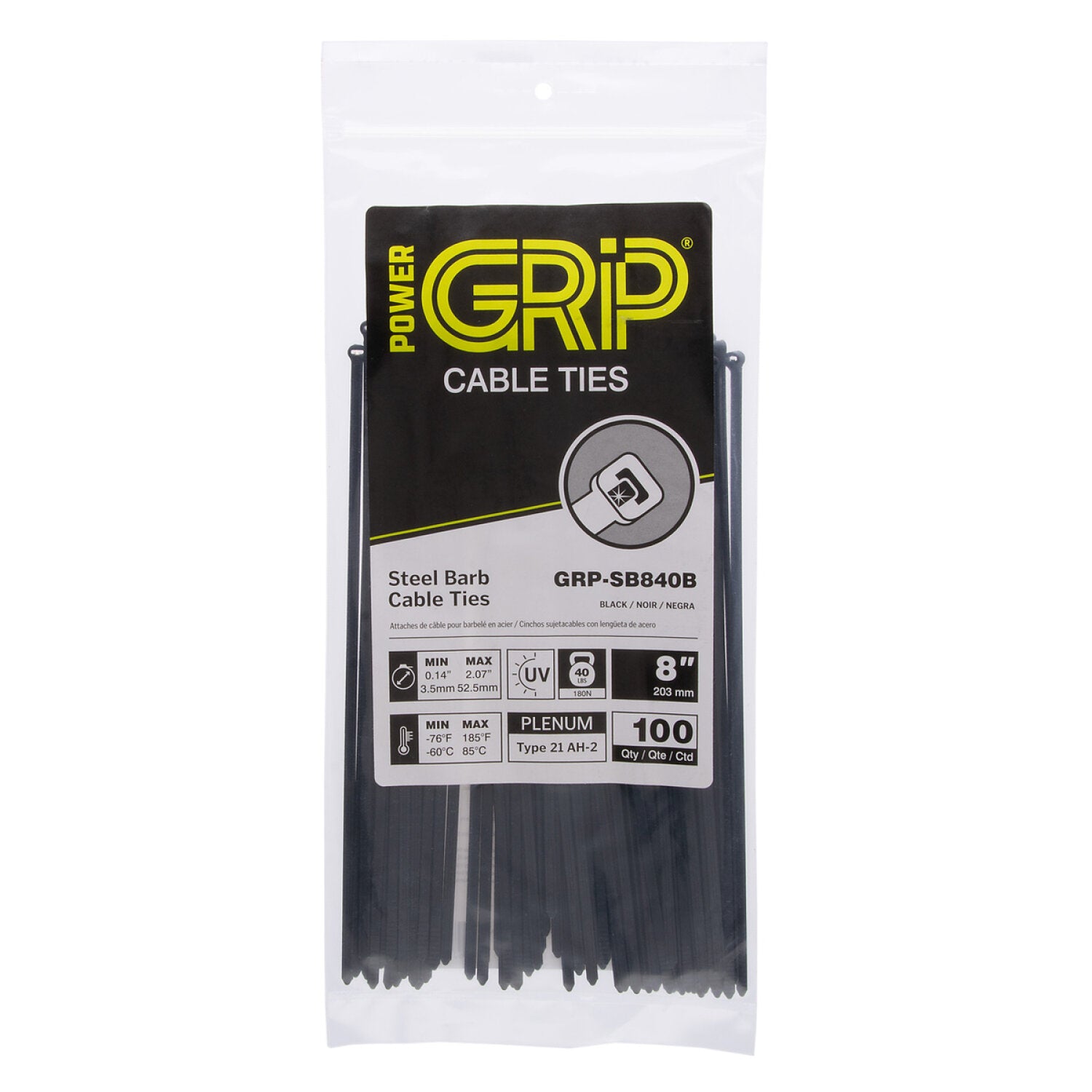 NSI GRP-SB840B 8”, Black Steel Barb 40lb Cable Tie, 100 Pack Hot on Sale