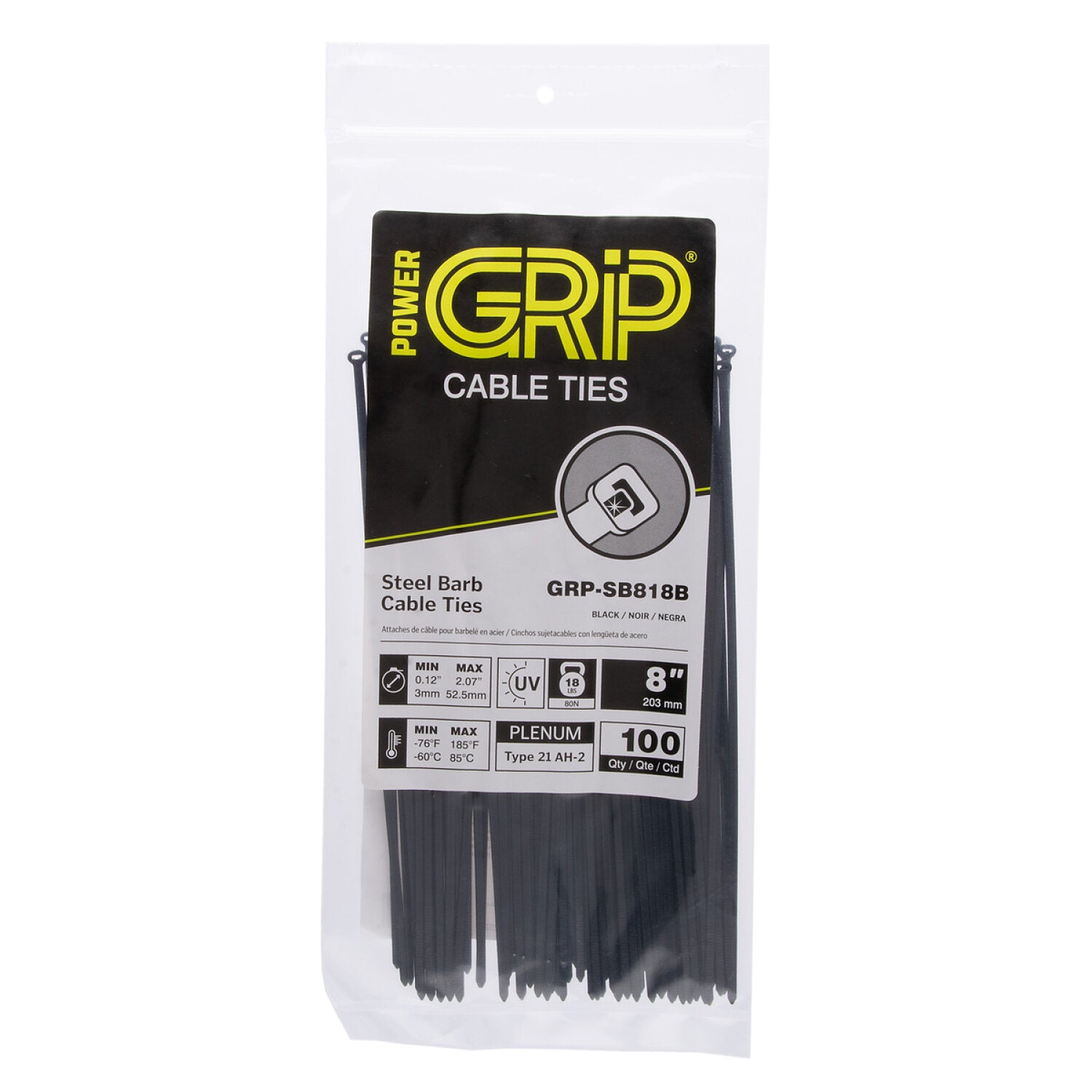NSI GRP-SB818B 8”, Black Steel Barb 18lb Cable Tie, 100 Pack Discount