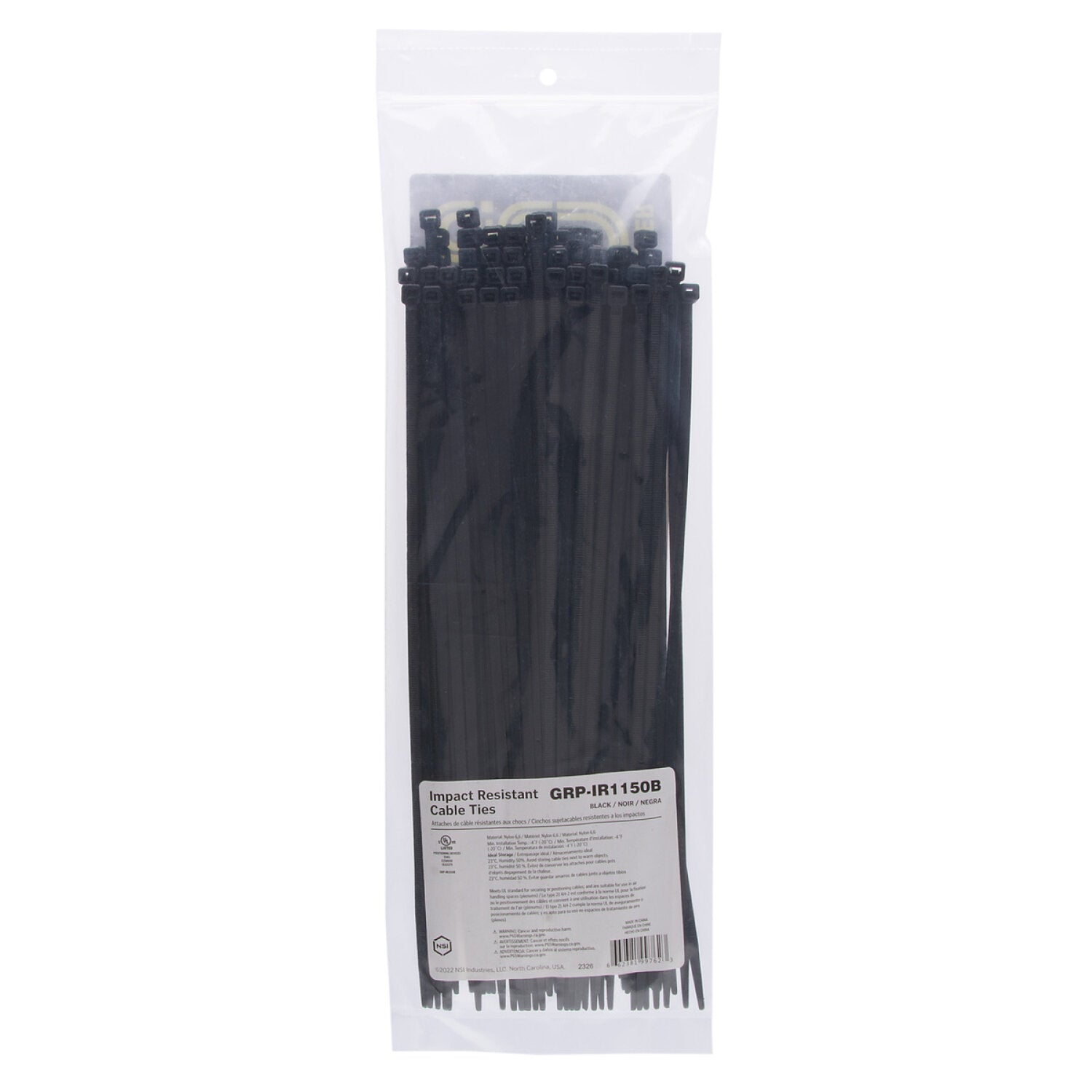 NSI GRP-IR1150B 11” Black Impact-Resistant 50lb Cable Ties, 100 Pack Supply