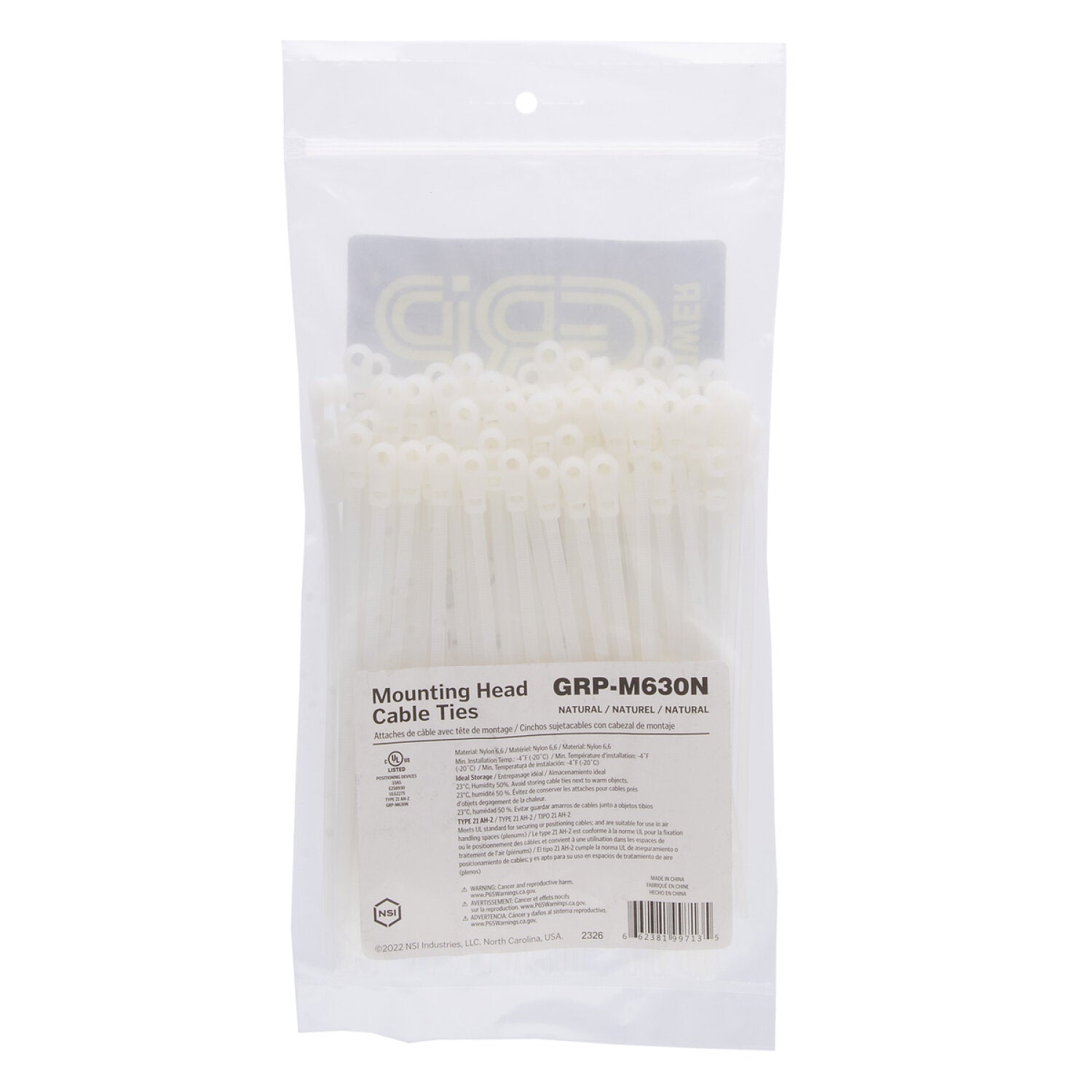 NSI GRP-M630N 6”, Natural Screw Mount 30lb Cable Ties, 100 Pack on Sale