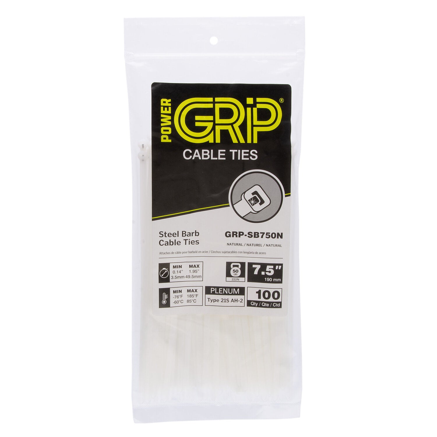 NSI GRP-SB750N 7.5”, Natural Steel Barb 50lb Cable Tie, 100 Pack Online now