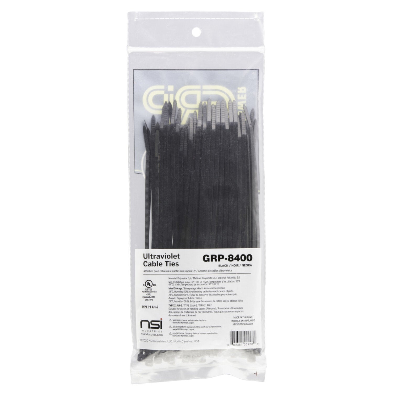 NSI GRP-8400 8”, Black General Purpose 40lb Cable Ties, 100 Pack Supply