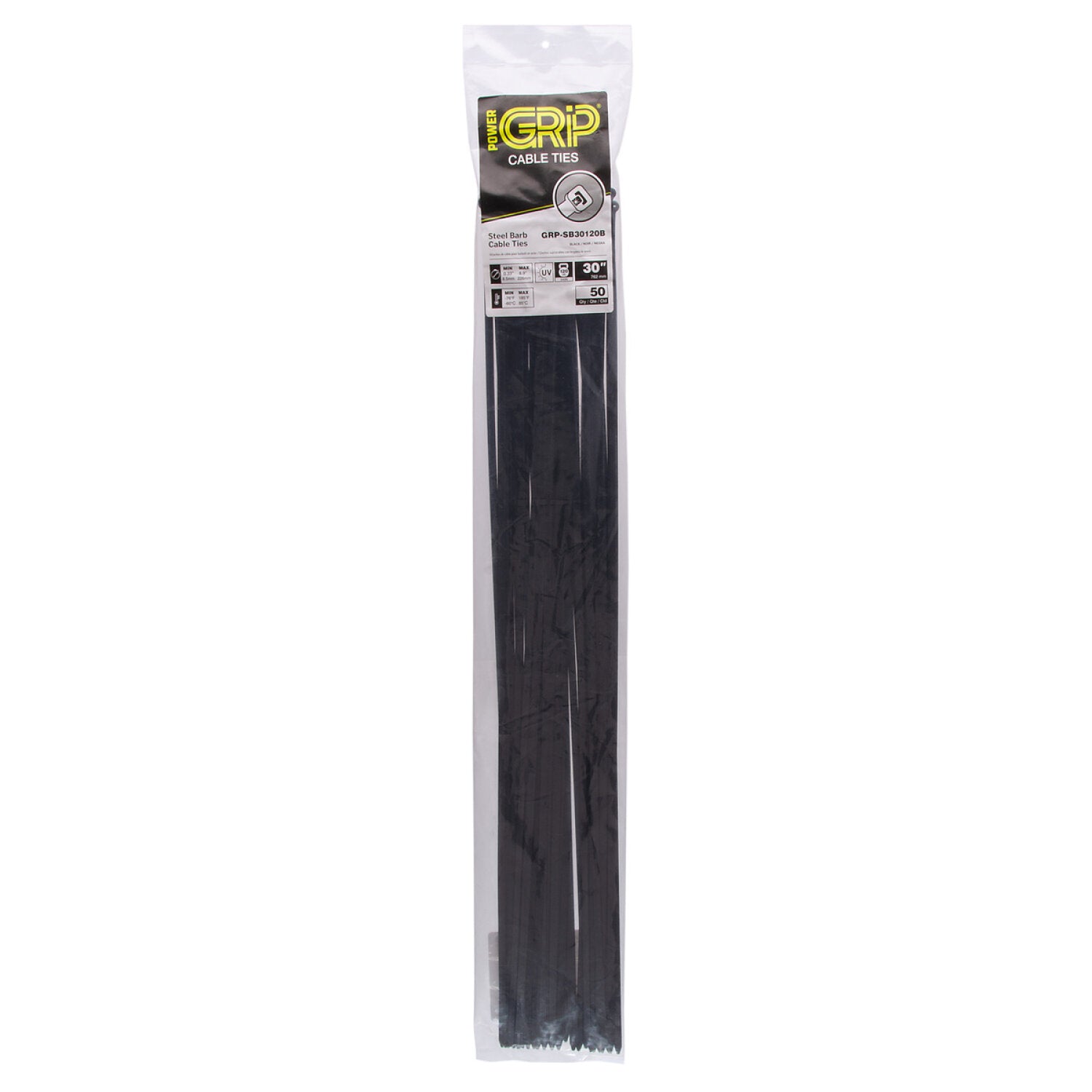 NSI GRP-SB30120B 30”, Black Steel Barb 120lb Cable Tie, 50 Pack Supply