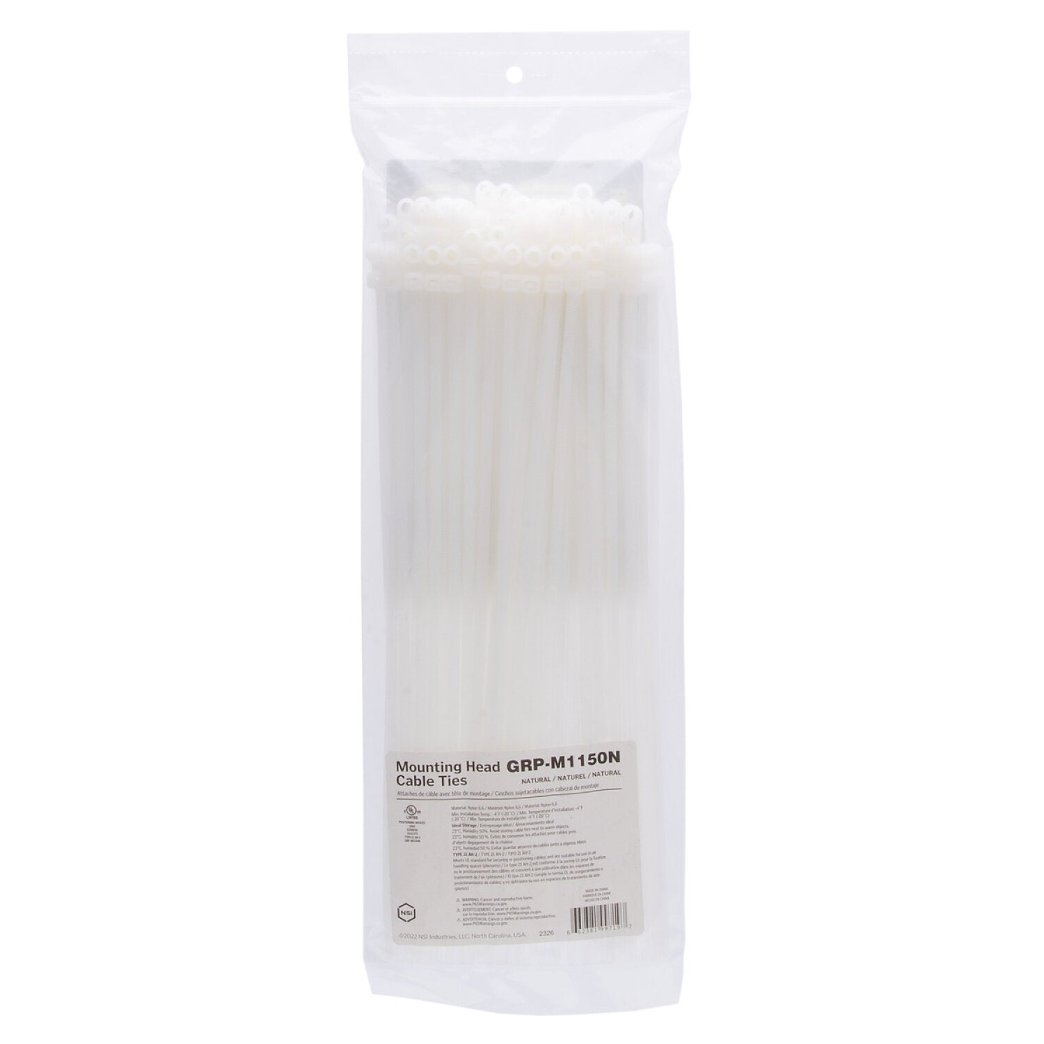 NSI GRP-M1150N 11”, Natural Screw Mount 50lb Cable Ties, 100 Pack Sale