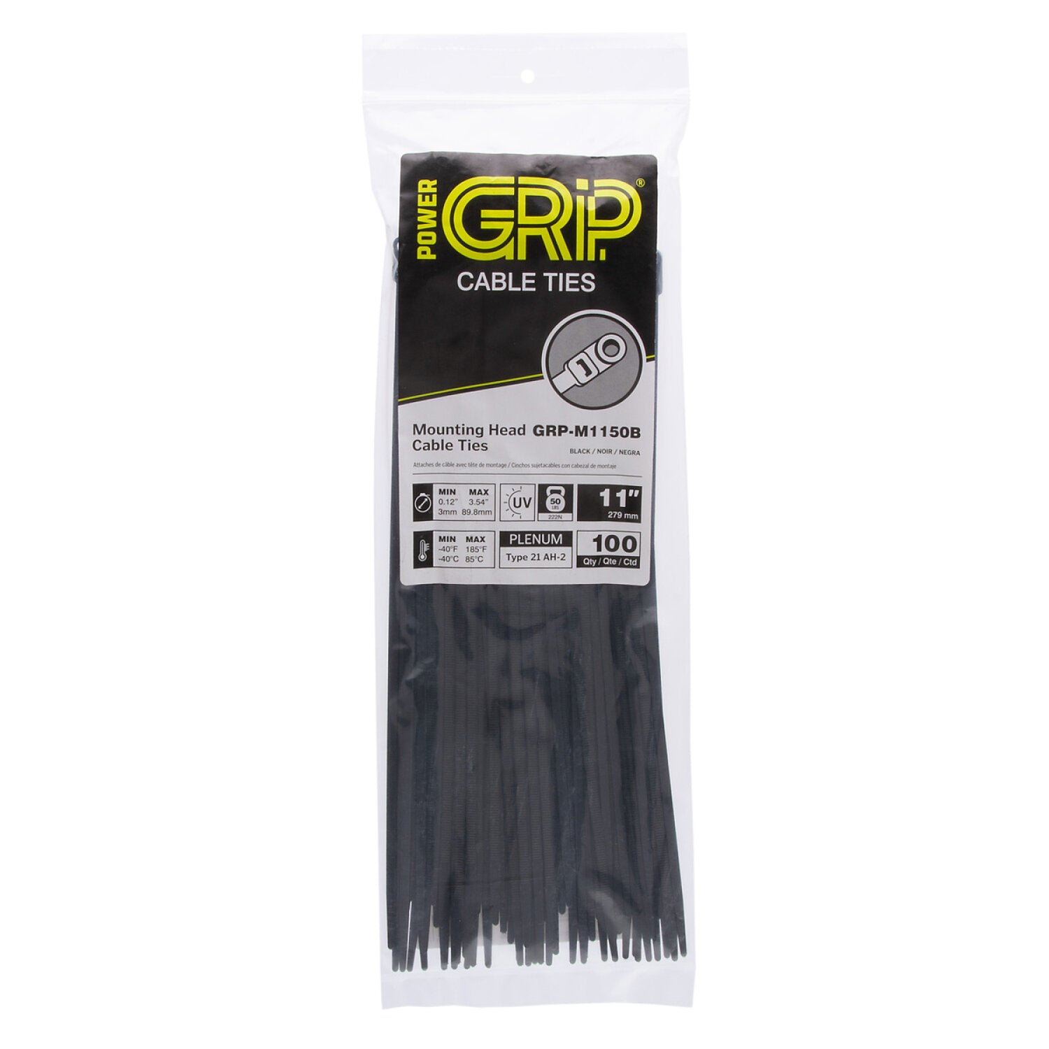 NSI GRP-M1150B 11”, Black Screw Mount 50lb Cable Ties, 100 Pack Sale