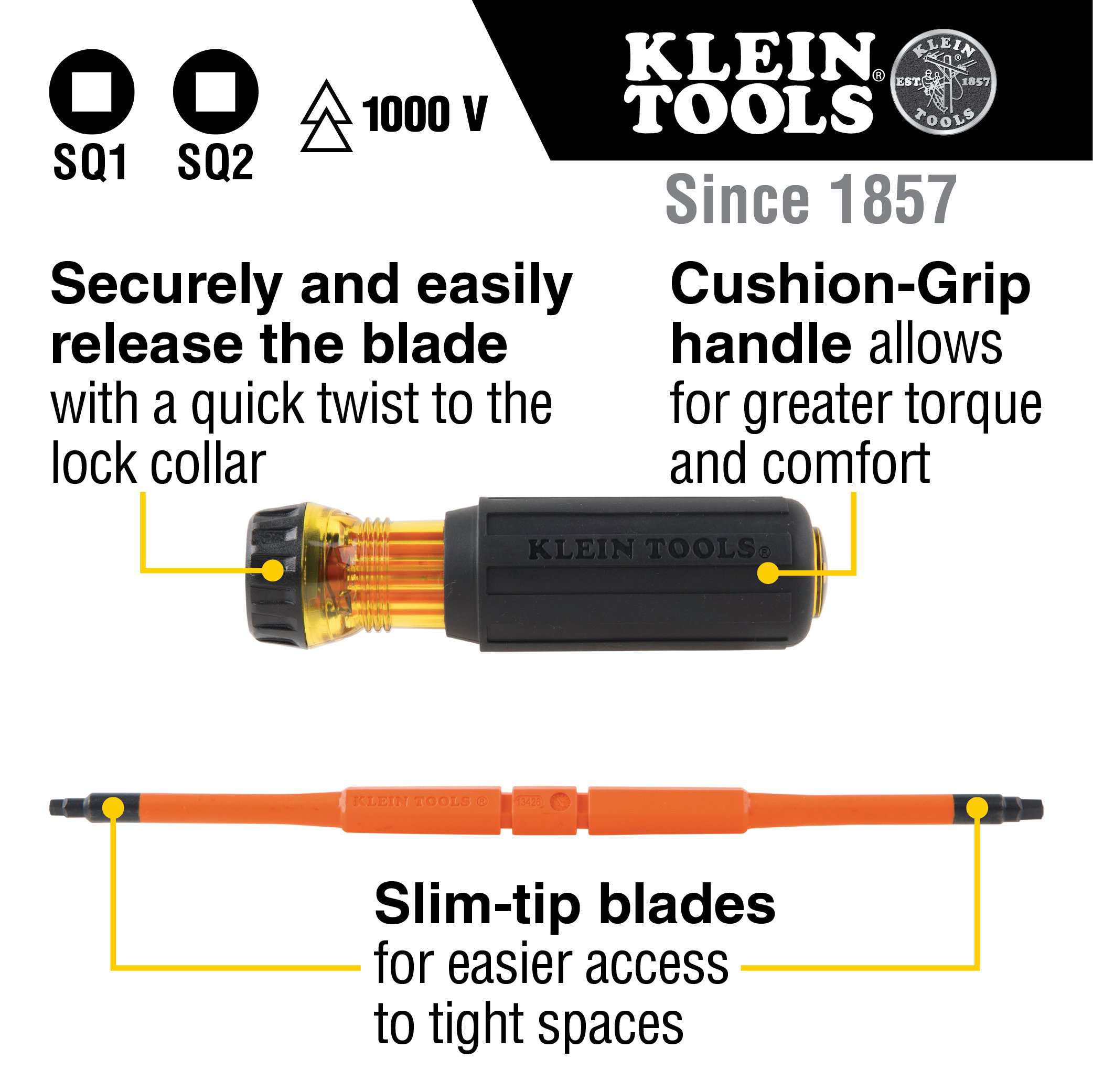 Klein Tools 32287 Flip-Blade Insulated Screwdriver, 2-in-1, Square Bit #1 and #2 Online