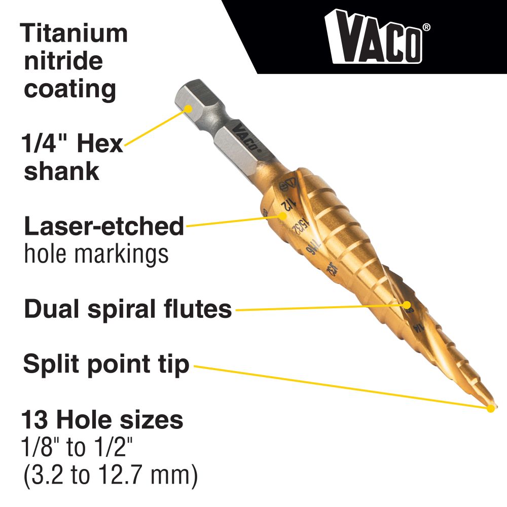Klein Tools 25964 Step Drill Bit, Spiral Double-Fluted, 1/8-Inch to 1/2-Inch, VACO Online Hot Sale