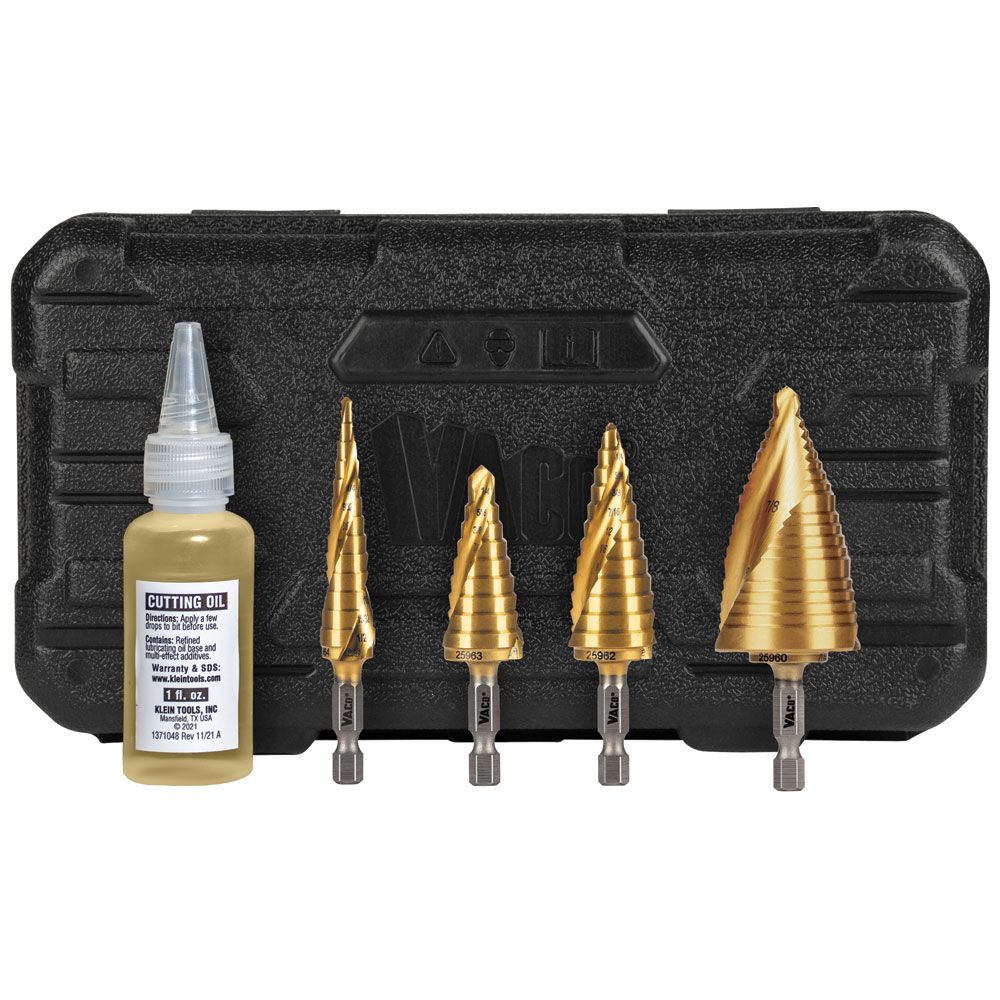 Klein Tools 25950 Step Bit Kit, Spiral Double-Fluted, VACO, 4-Piece Online Sale