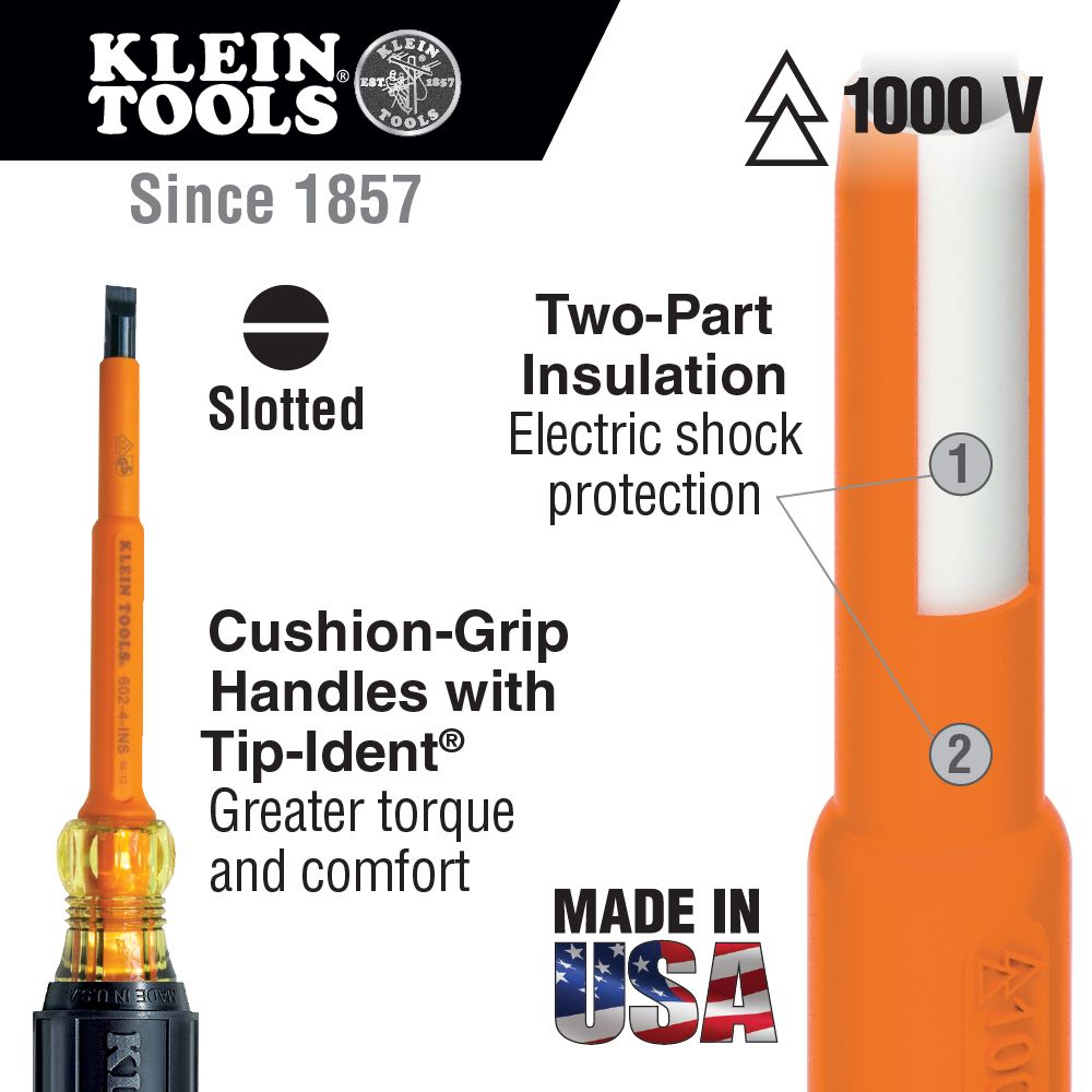 Klein Tools 602-4-INS Insulated Screwdriver, 1/4-Inch Cabinet, 4-Inch Round Shank Online now
