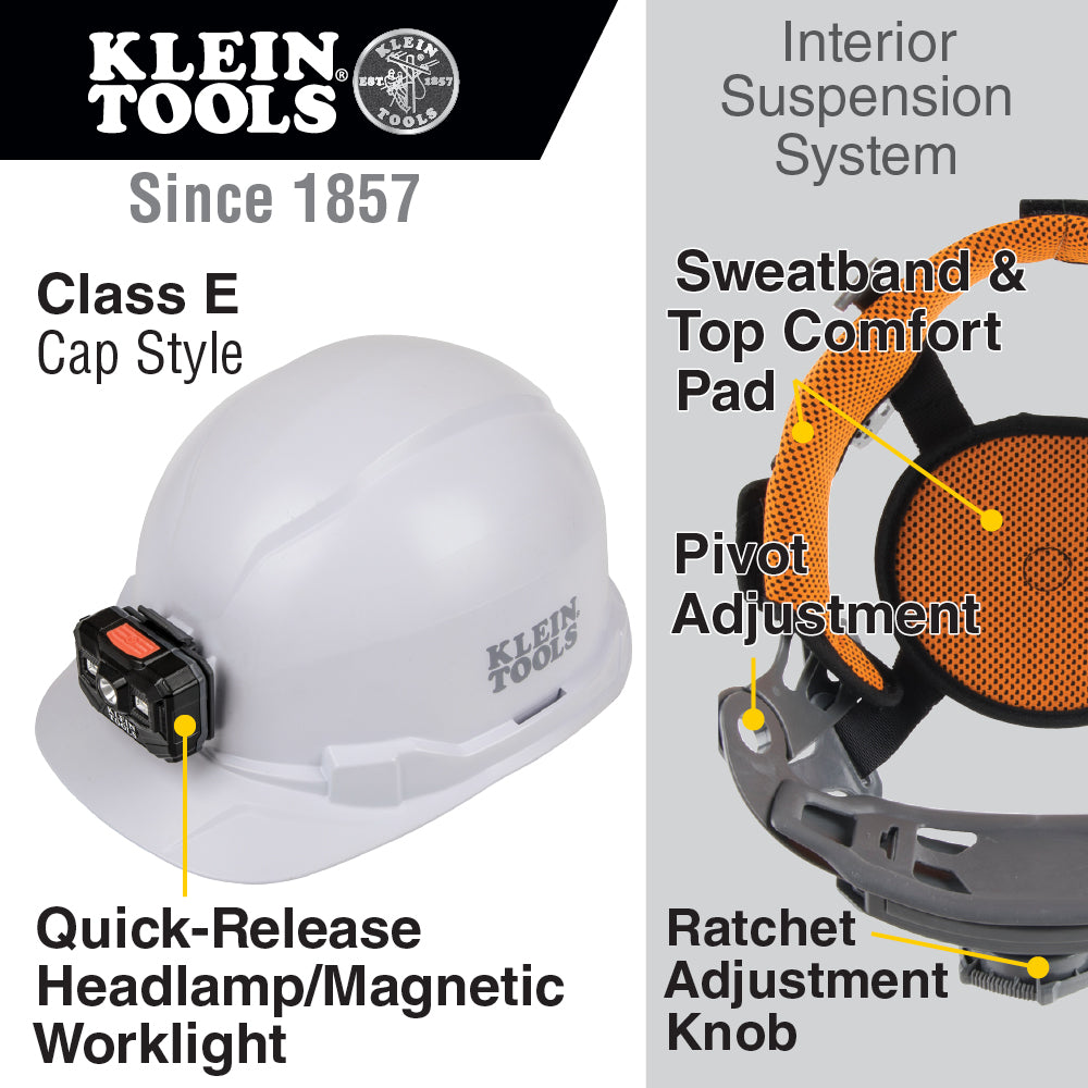 Klein Tools 60107RL Hard Hat, Non-Vented, Cap Style with Rechargeable Headlamp, White Fashion