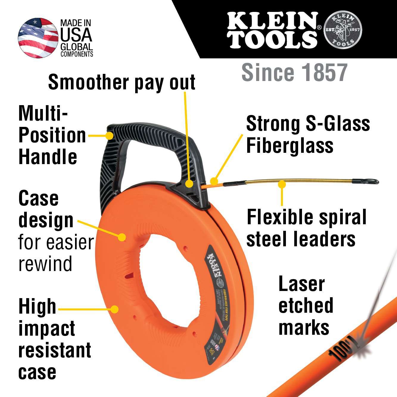 Klein Tools 56350 Fiberglass Fish Tape with Spiral Steel Leader, 50-Foot Fashion