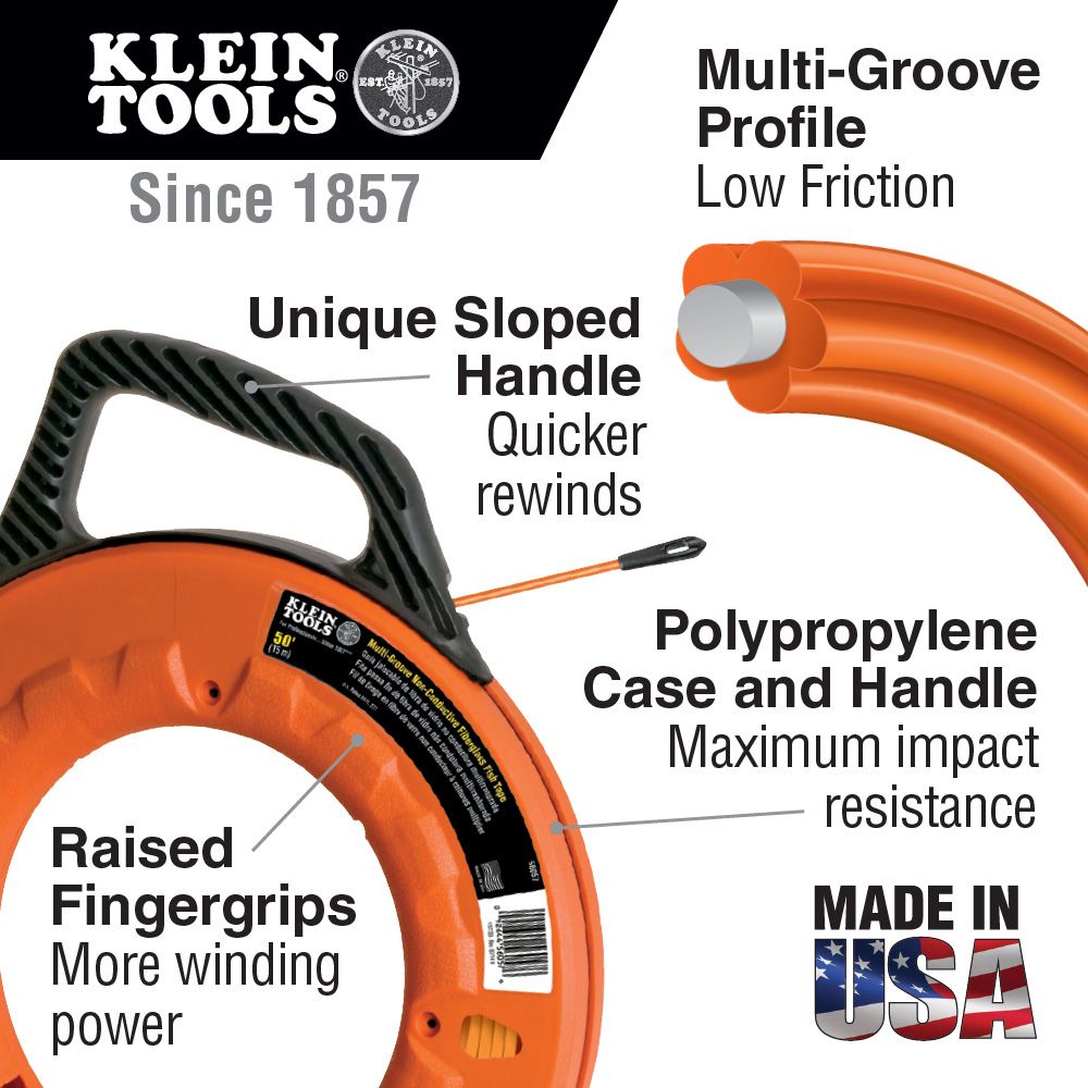Klein Tools 56059Multi-Groove Fiberglass Fish Tape with Non-Conductive Leader, 200-Foot Supply