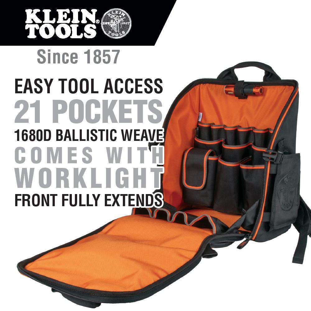 Klein Tools 55655 Tradesman Pro™ Tool Station Tool Bag Backpack with Work Light on Sale