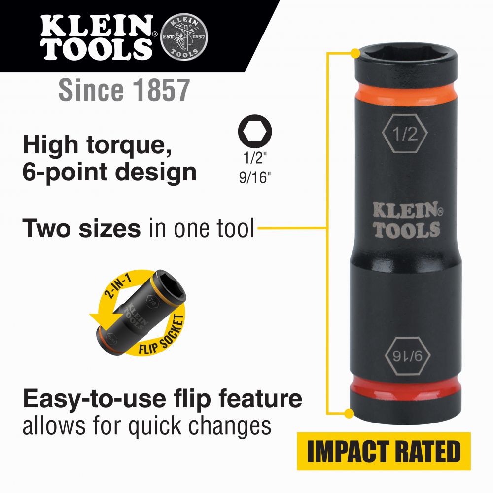 Klein Tools 66076 Flip Impact Socket, 9/16 and 1/2-Inch Fashion
