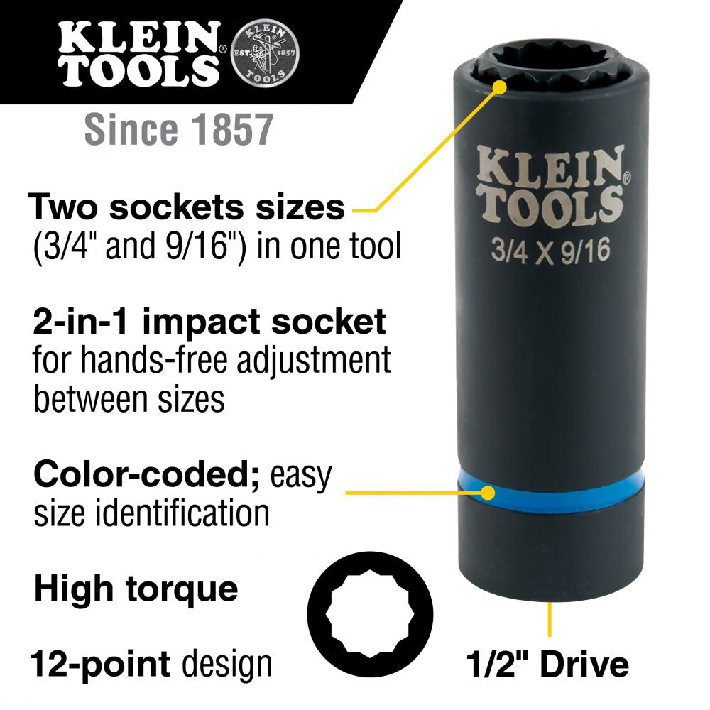 Klein Tools 66001 2-in-1 Impact Socket, 12-Point, 3/4 and 9/16-Inch Online now