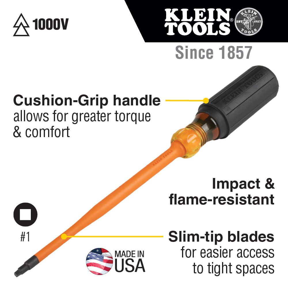 Klein Tools 6986INS Slim-Tip 1000V Insulated Screwdriver, #1 Square, 6-Inch Round Shank on Sale