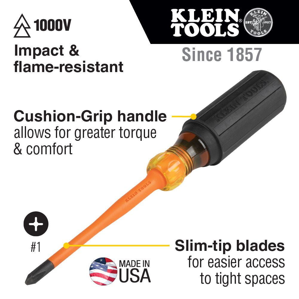 Klein Tools 6956INS Slim-Tip 1000V Insulated Screwdriver, #1 Phillips, 6-Inch Sale