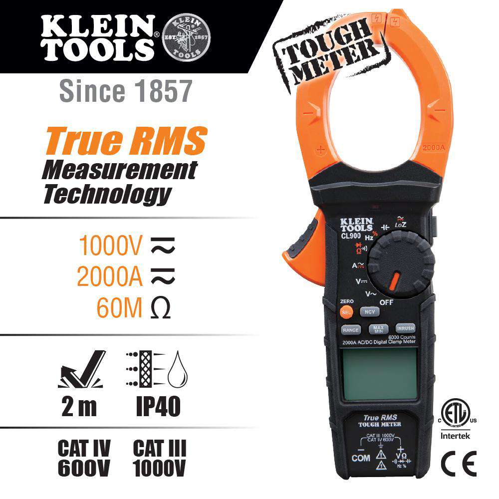 Klein Tools CL900 Digital Clamp Meter, AC Auto-Range TRMS, Low Impedance (LoZ), 2000 Amp Online