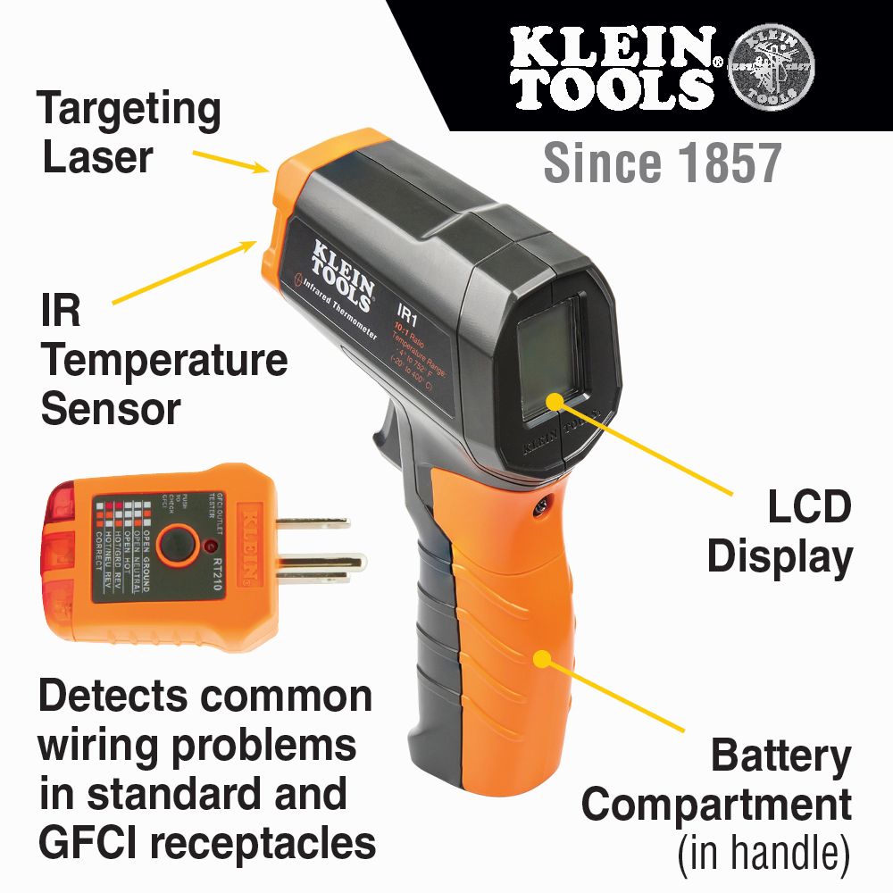 Klein Tools IR1KIT Infrared Thermometer with GFCI Receptacle Tester Fashion