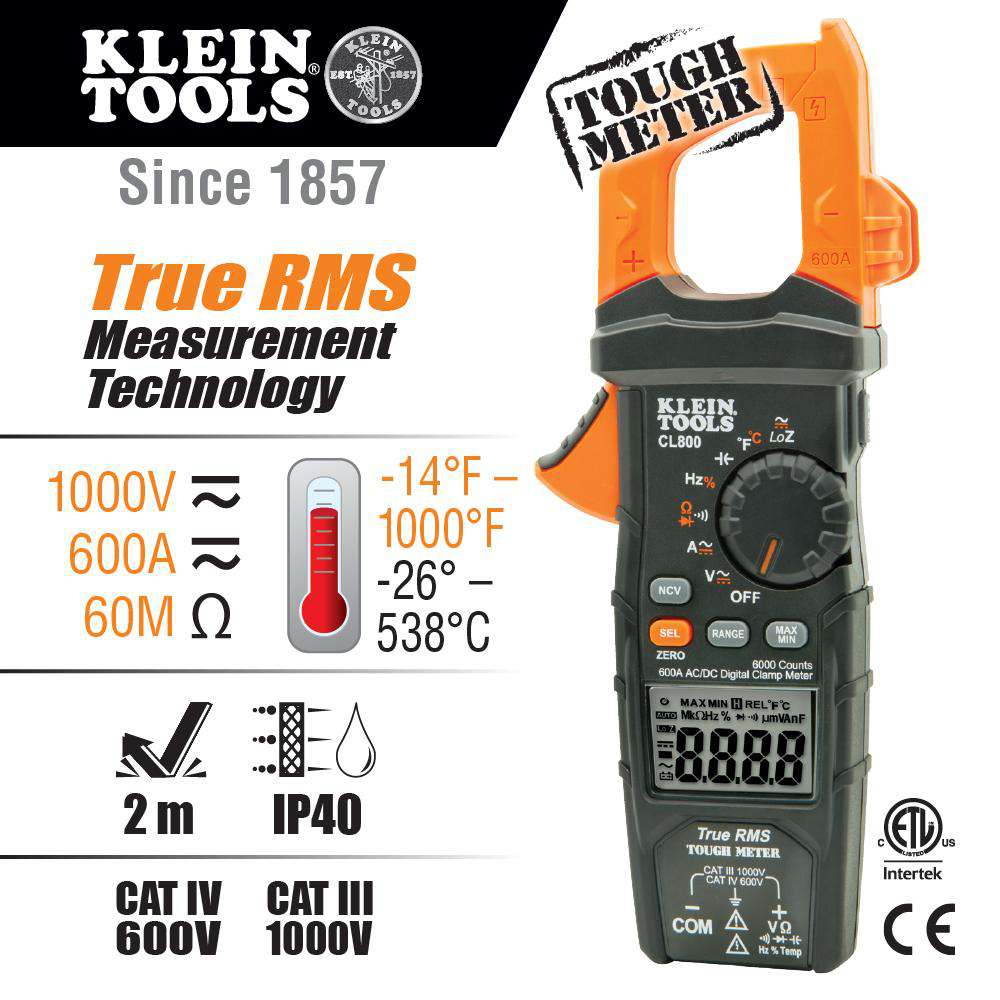 Klein Tools CL800 Digital Clamp Meter, AC Auto-Range TRMS, Low Impedance (LoZ), Auto Off Supply