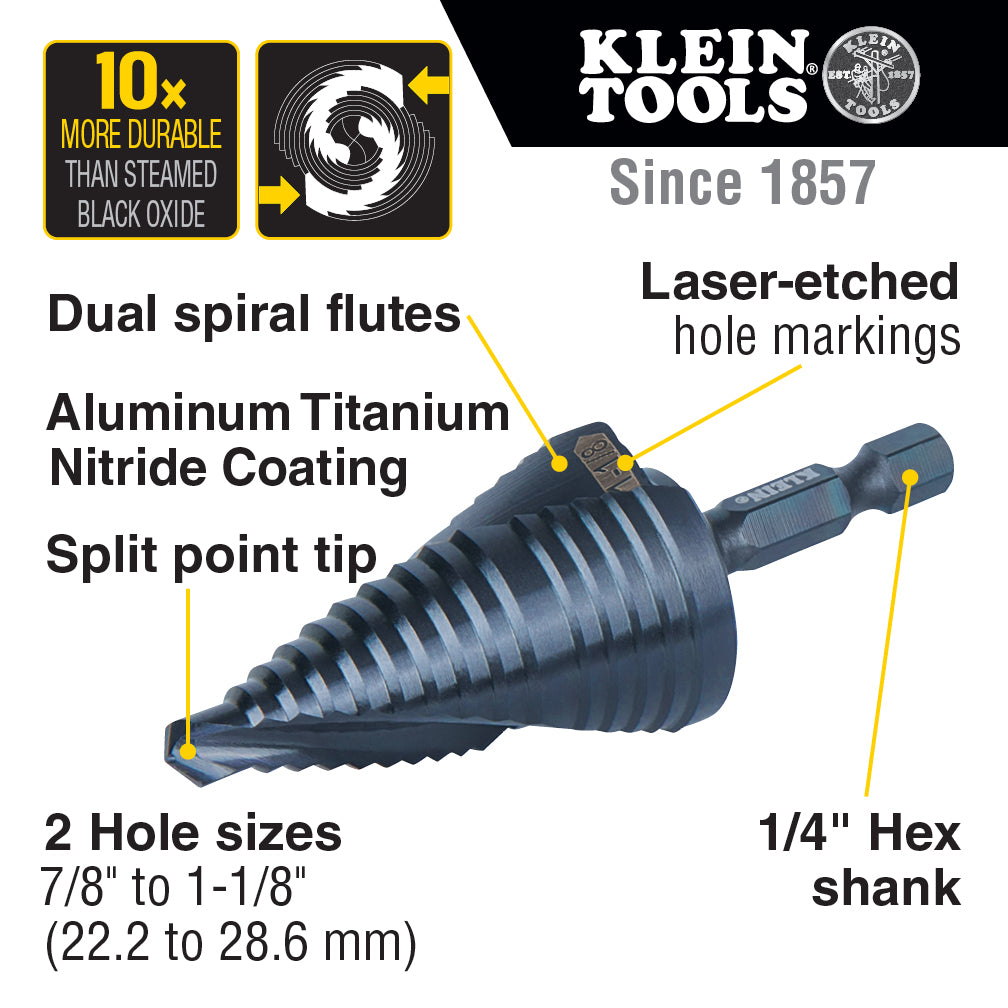 Klein Tools QRST11 Step Drill Bit, Quick Release, Double Spiral Flute, 7/8 to 1-1/8-Inch on Sale