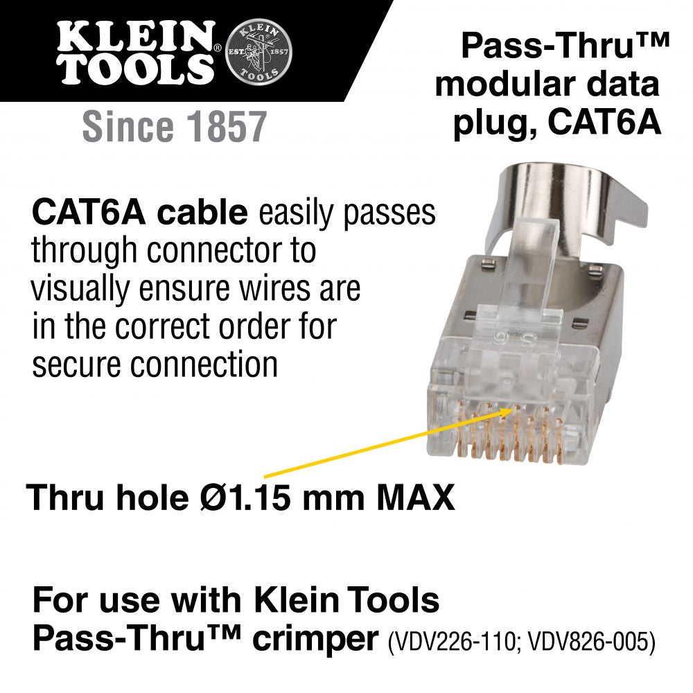 Klein Tools VDV826-705 Pass-Thru™ Modular Data Plugs, RJ45-CAT6A, Shielded (STP), 50-Pack Discount