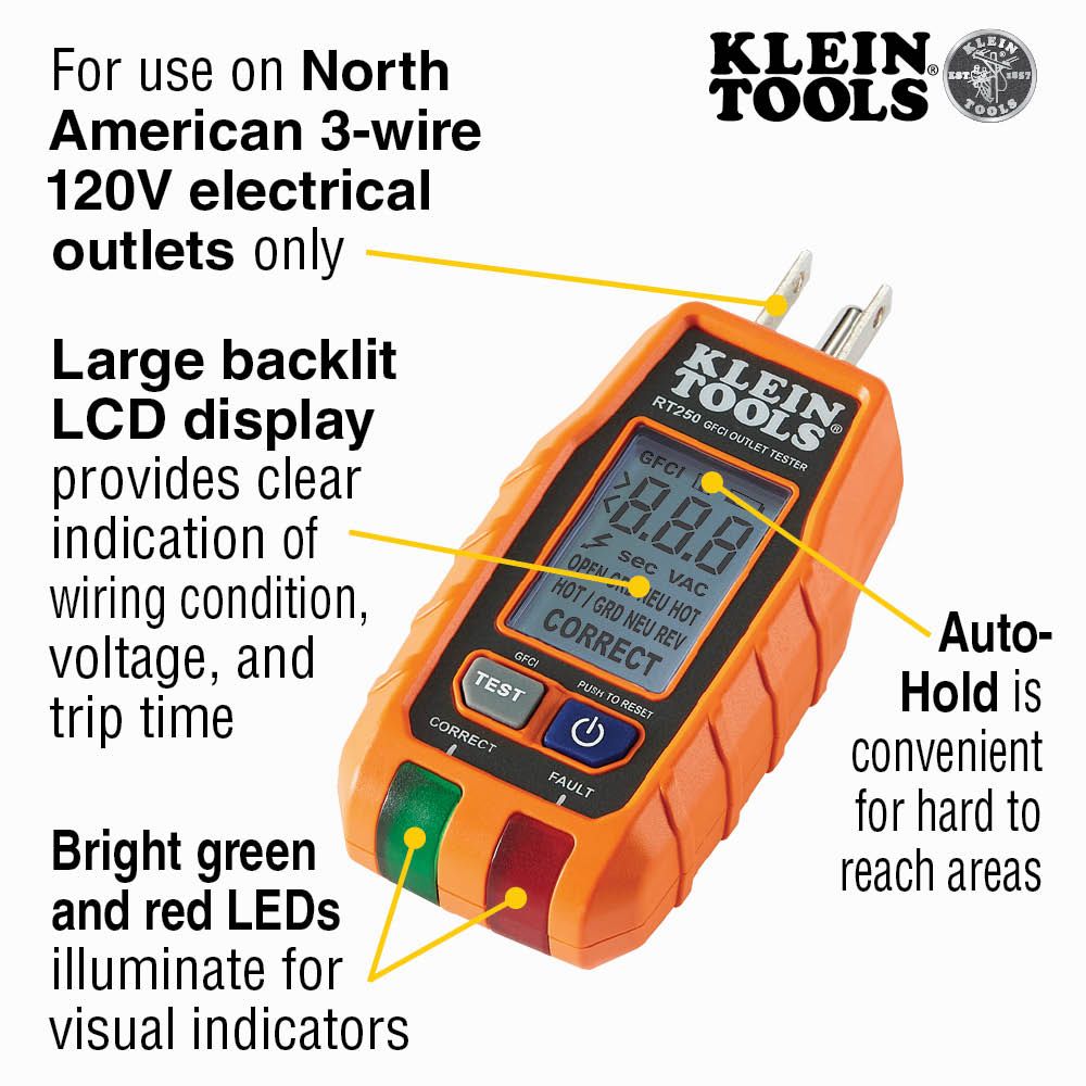 Klein Tools RT250 GFCI Receptacle Tester with LCD Fashion