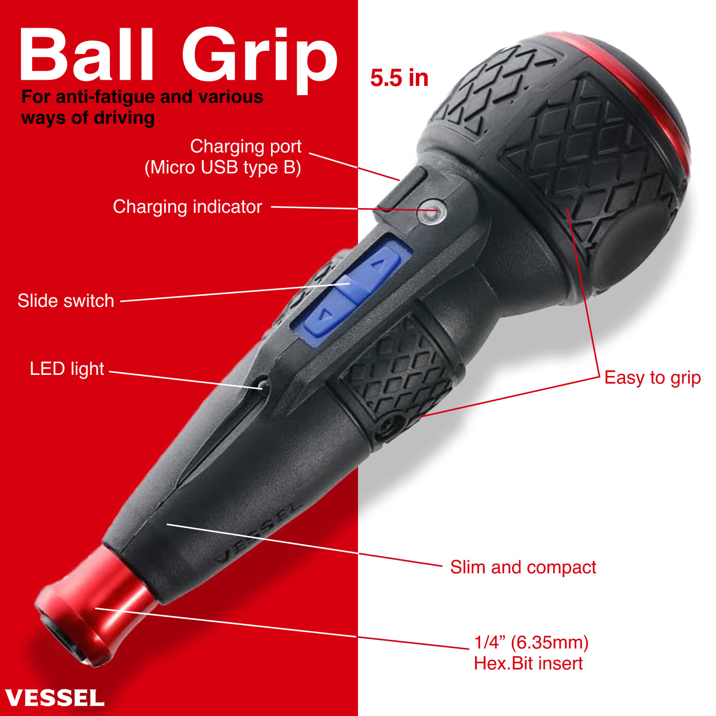 Vessel BALL GRIP Rechargeable Screwdriver + Impact Ball Torsion Bit Online now