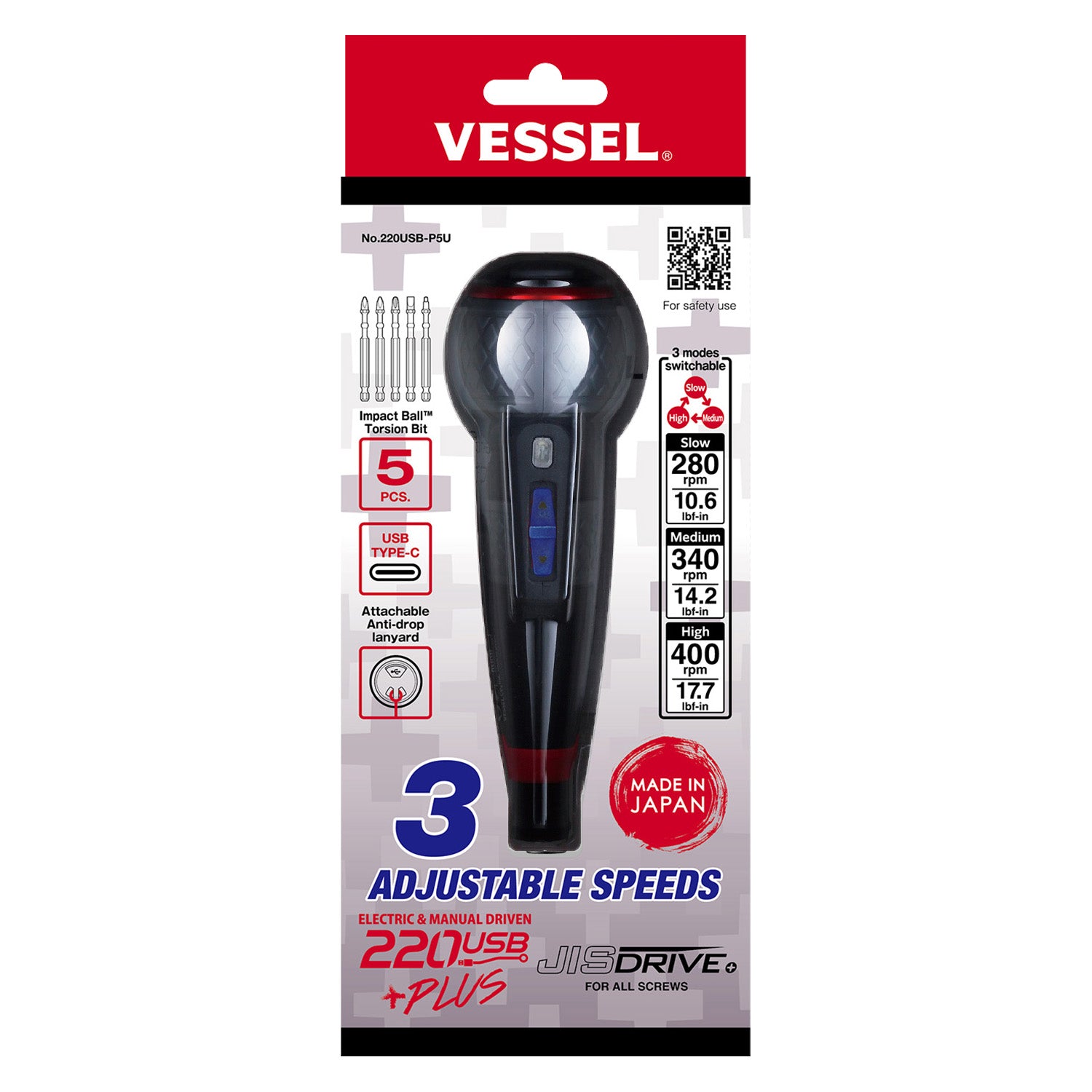 Vessel Tools BALL GRIP e-ASSIST Rechargeable Screwdriver with 5 pc Bit Set (3 Adjustable Speeds Model) Online Hot Sale