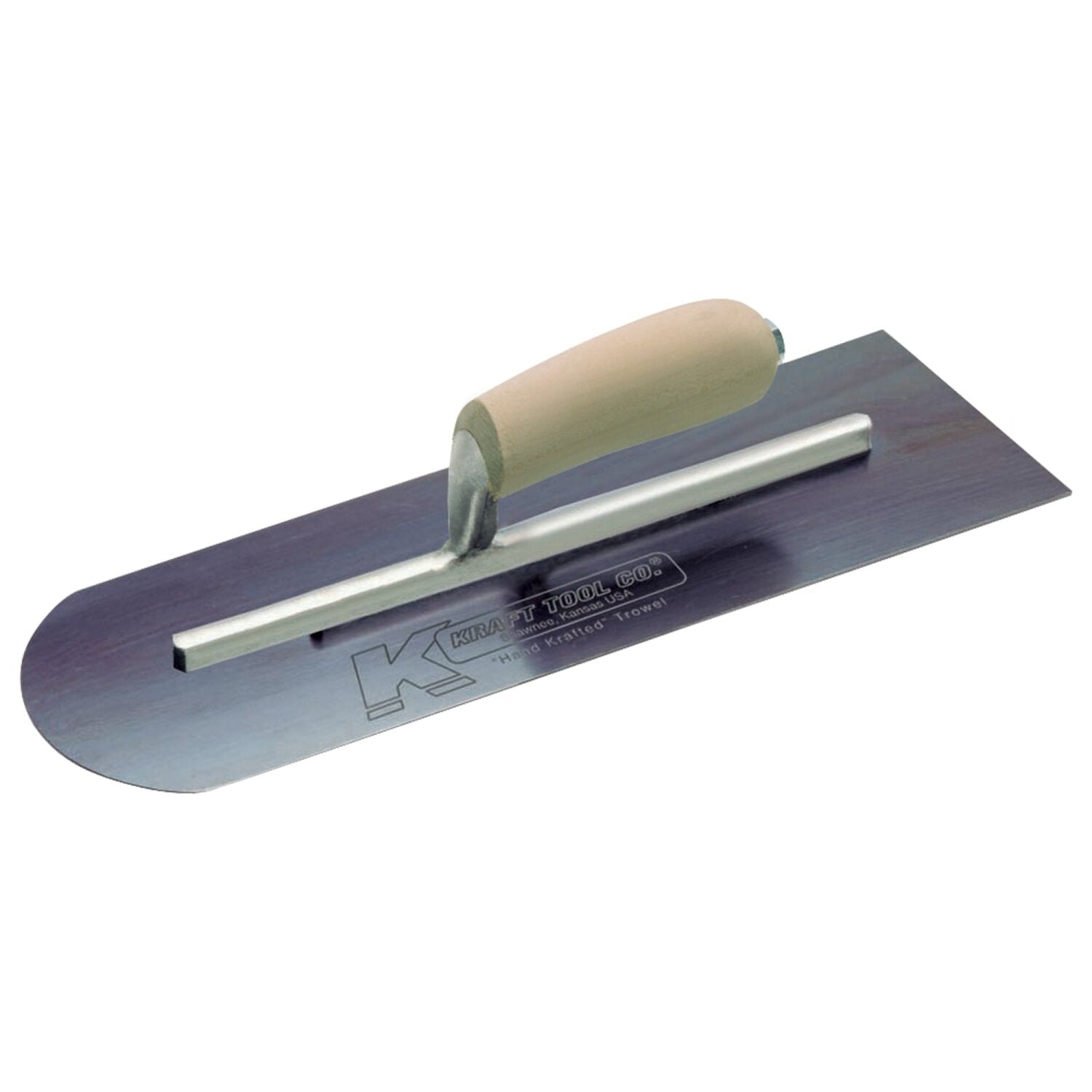 kraft Tool CF213B 10″ x 4″ Round Front/Square Back Blue Steel Cement Trowel with Camel Back Wood Handle on Sale