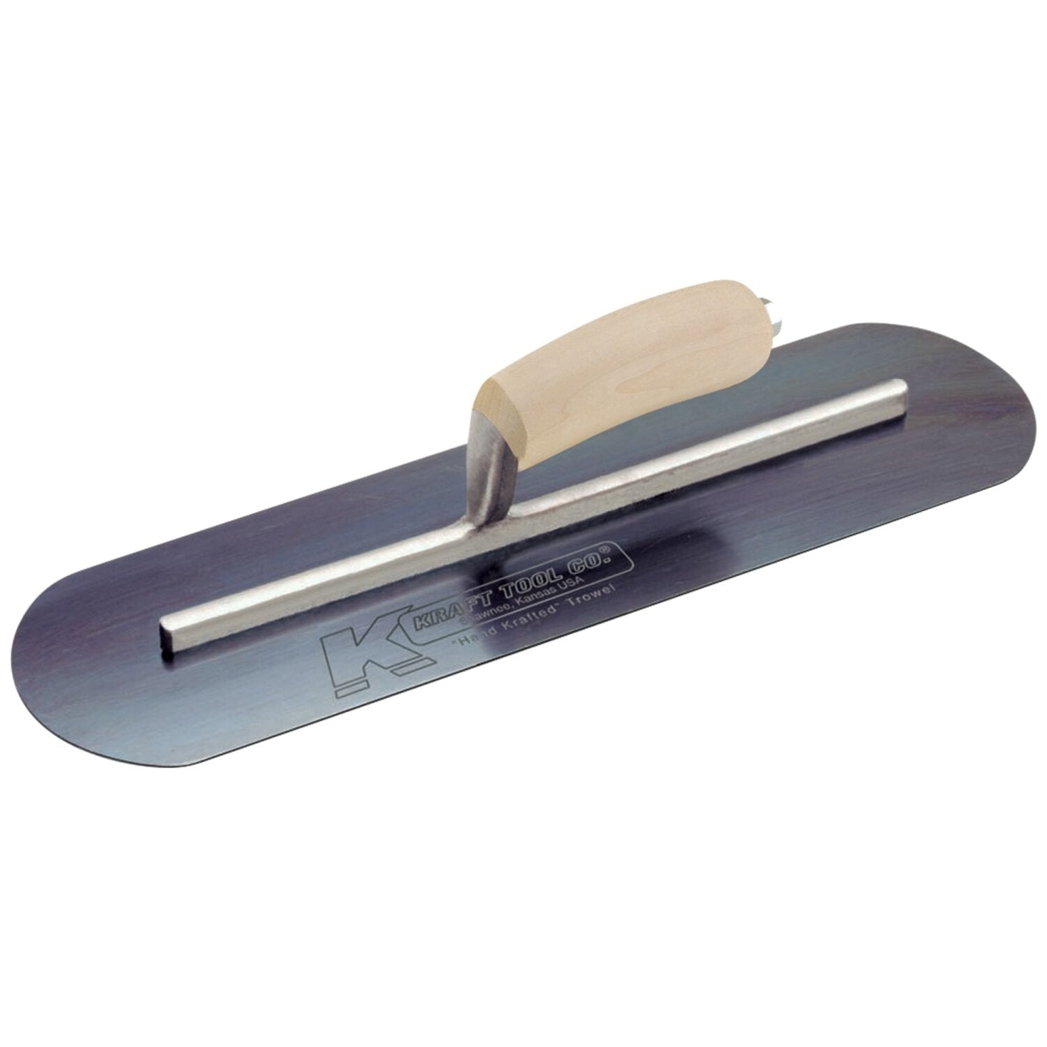 Kraft Tool CF471 14″ x 3″ Blue Steel Round End Burn Trowel with Camel Back Wood Handle on Sale