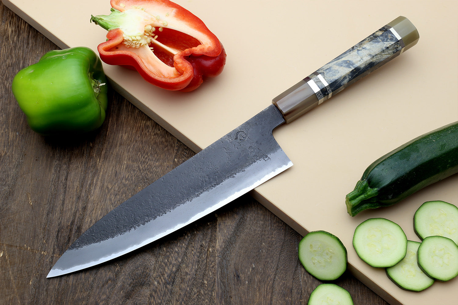 Hayate Hinoura Kurouchi Black-Forged Blue Steel Stainless Clad Gyuto Chefs Knife Discount