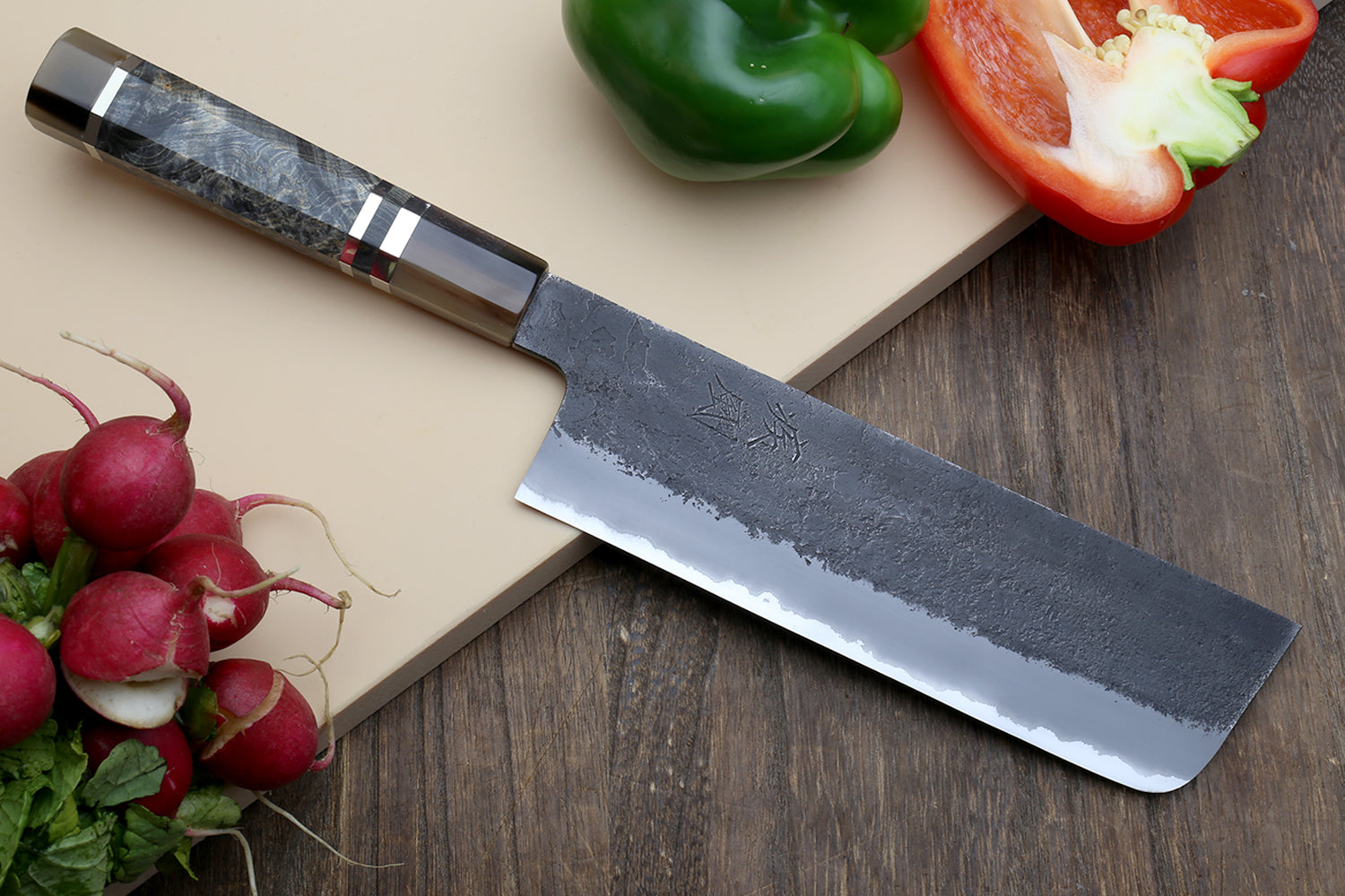Hayate Hinoura Kurouchi Black-Forged Blue Steel Stainless Clad Nakiri Vegetable Knife Supply