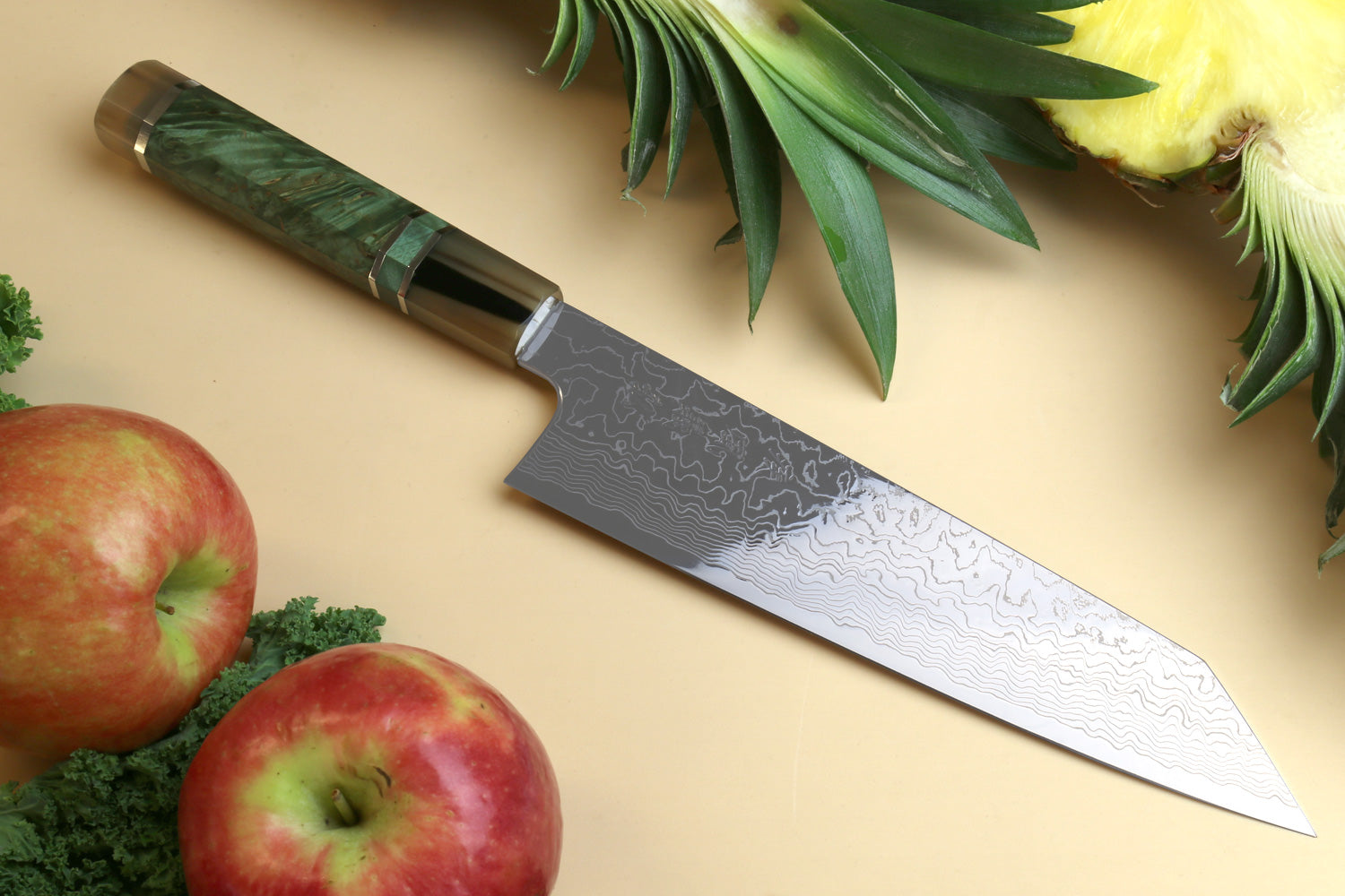Yoshihiro Damascus SG2 (R2) Semi-Stainless Kiritsuke Chef Knife, Triple Ring Stabilized Maple Burl Handle Online Hot Sale