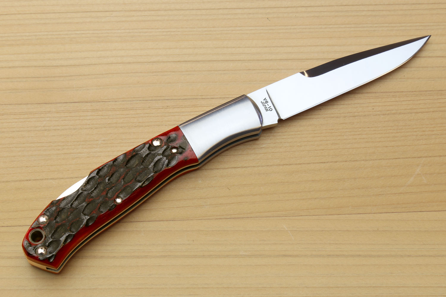 Moki VG-10 Stainless Steel Mirror Polished Lockback Folding Pocket Knife with Red Jigged Bone(Size: Large) Online Sale