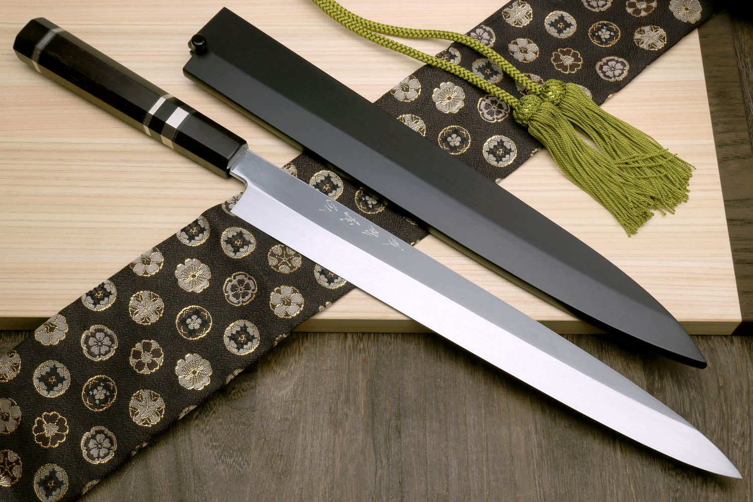Yoshihiro Honyaki Aoko Blue Steel Mirror Finished Yanagi Sushi Sashimi Japanese knife with Triple Nickel Silver Ring Ebony Handle Supply