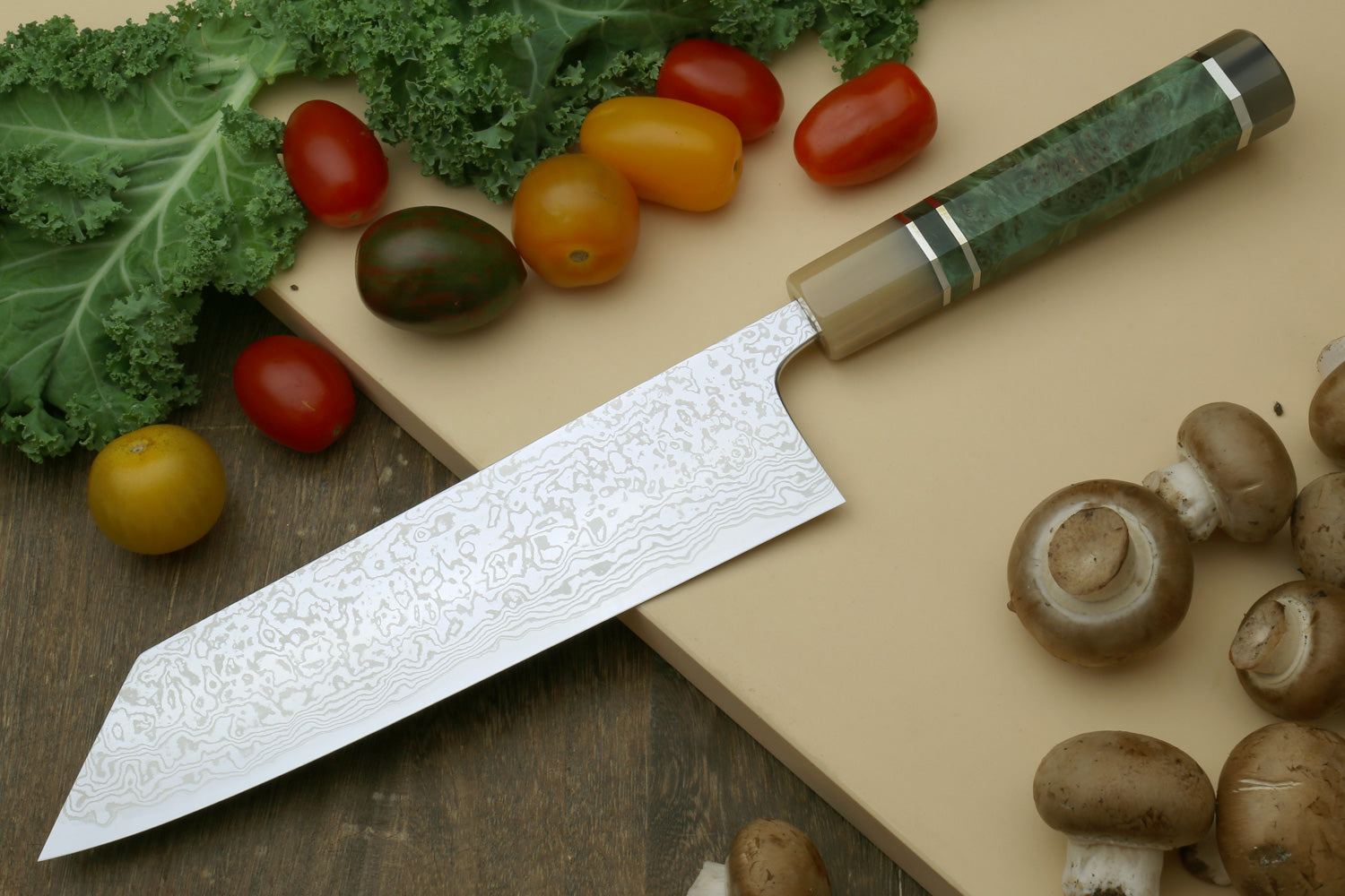 Yoshihiro High Performance Masashi SLD Damascus Steel Mirror Polish Kiritsuke Knife, Triple Ring Stabilized Maple Burl Handle Hot on Sale