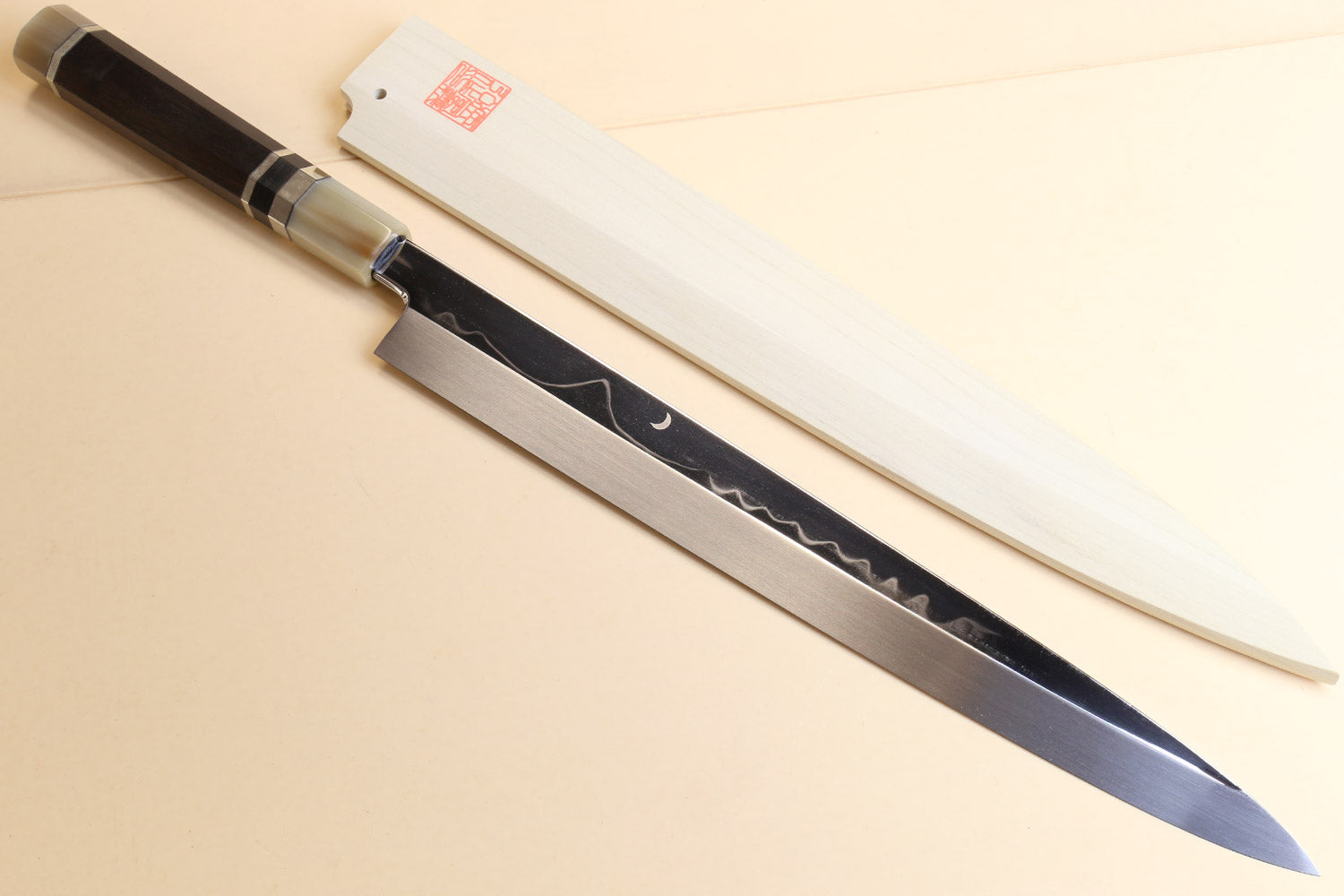 Yoshihiro Mizu Honyaki White Steel #1 Mirror-Finished MT. Fuji with Crescent Moon Yanagi Ebony Handle with Triple Nickel Silver Ring Discount