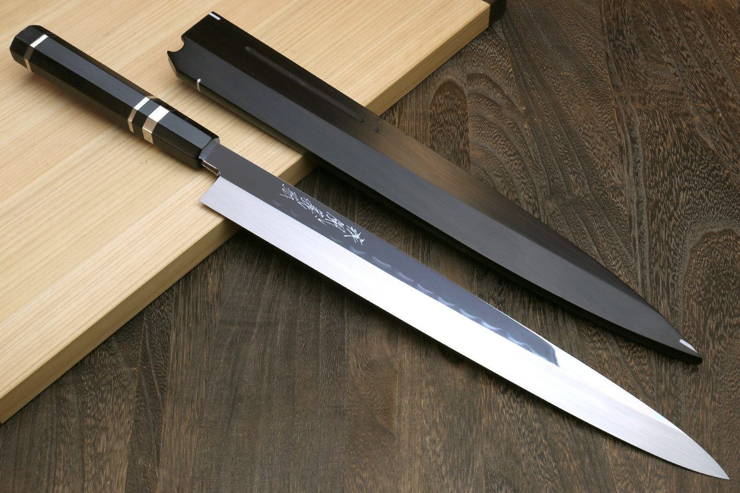 Yoshihiro Mizu Honyaki Mirror-Finished Namiukashi White Steel #2 Yanagi Sushi Sashimi Japanese Knife Triple Nickel Silver Ring Ebony Handle and Premium Ebony Saya Online Hot Sale