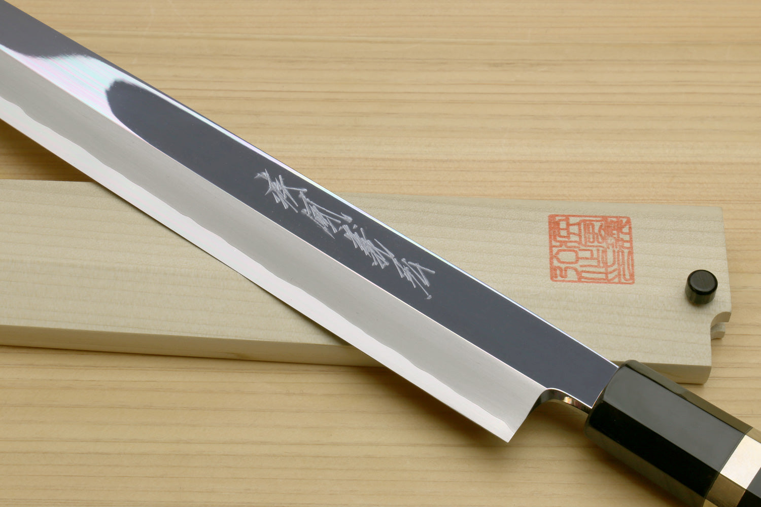 Yoshihiro Left-Handed Ginsan Mirror Polished Stain Resistant Steel Yanagi Sushi Sashimi Japanese Knife Triple Nickel Silver Ring and Ebony Handle Supply