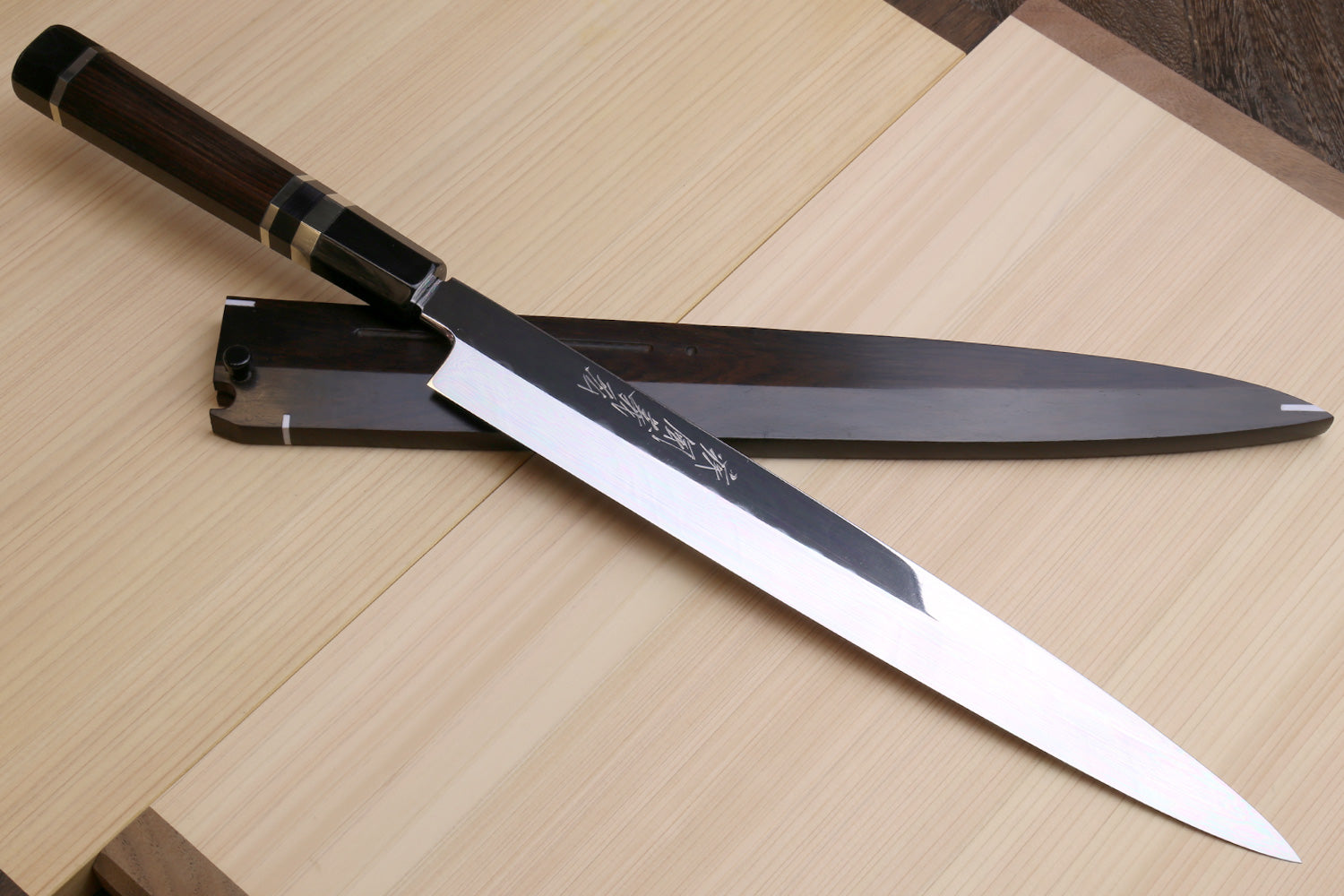 Yoshihiro Mizu Honyaki White Steel #1 Two Sided Mirror-Finished Namiukashi Yanagi Premium Triple Nickel Silver Ring Ebony Handle – IKEDA UNKAI Limited Edition Online Hot Sale