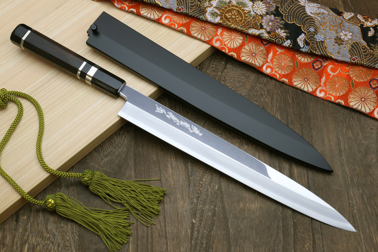 Yoshihiro Powdered High Speed Stainless Steel Mirror Polished Yanagi Sashimi Knife Triple Nickel Silver Ring Ebony Handle Supply