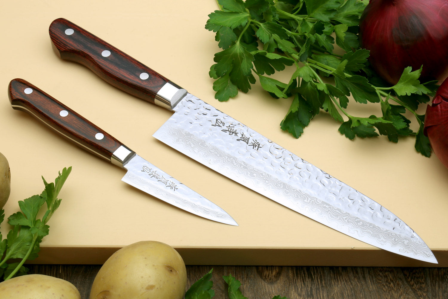 Yoshihiro VG-10 16 Layer Hammered Damascus Stainless Steel Gyuto and Paring Knife Set Hot on Sale