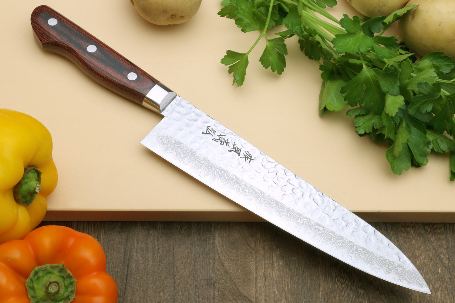 Yoshihiro VG-10 16 Layer Hammered Damascus Stainless Steel Gyuto and Petty Knife Set Discount
